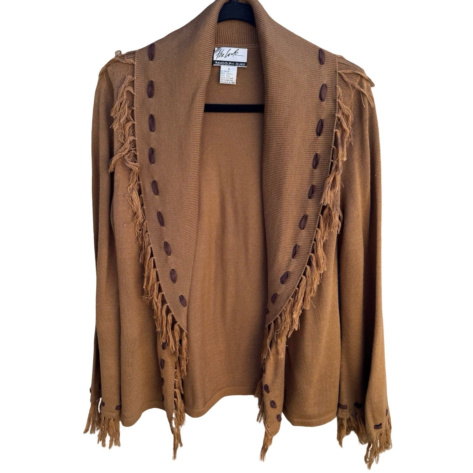 Randolph Duke Womens Camel Brown Fringe Whipstitch Open Front Cardigan Sweater S