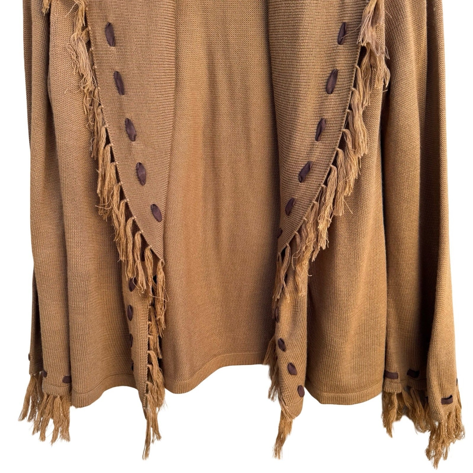 Randolph Duke Womens Camel Brown Fringe Whipstitch Open Front Cardigan Sweater S