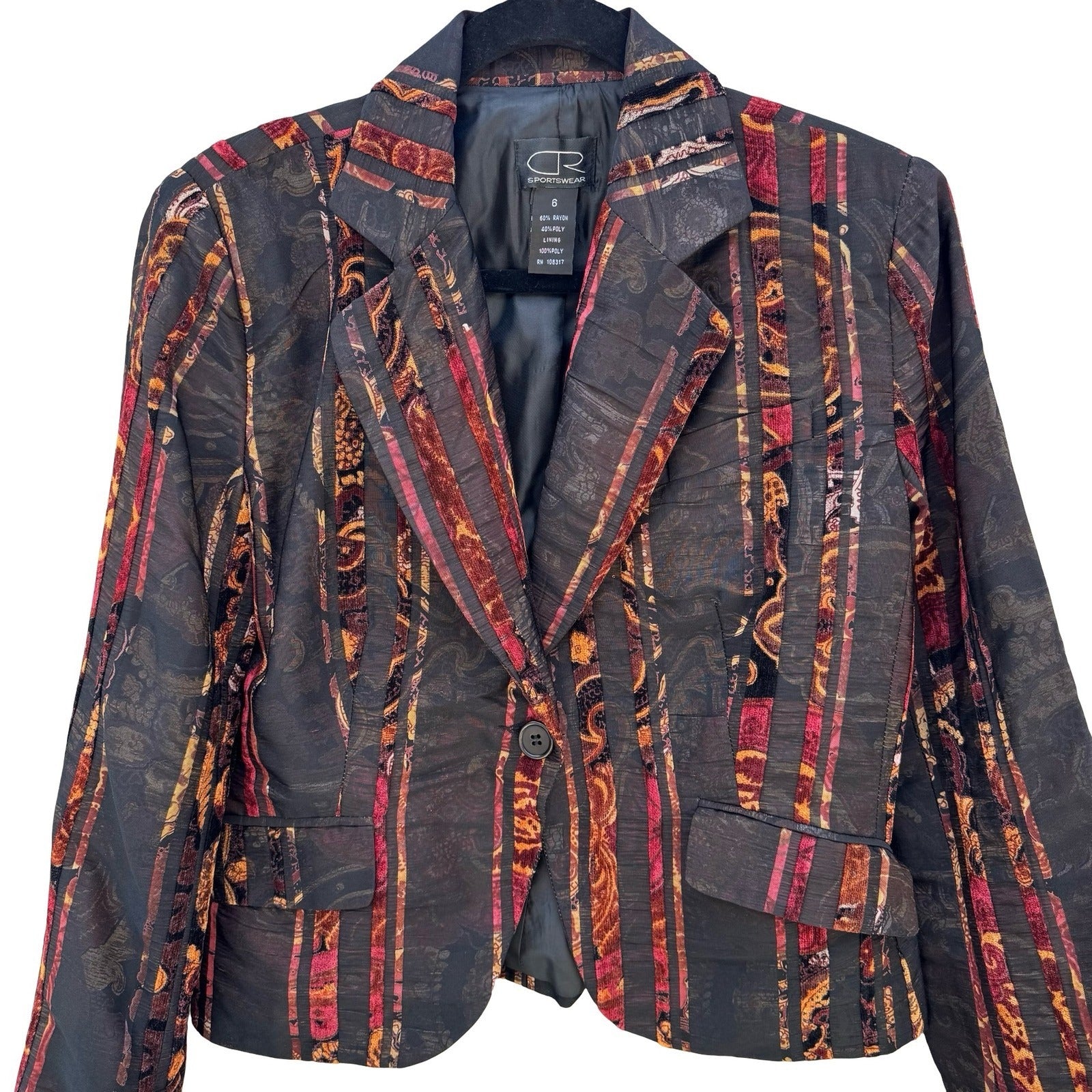 Donna Rae Sportswear Womens Black Burgundy Paisley Chenille Stripe Blazer Size 6
