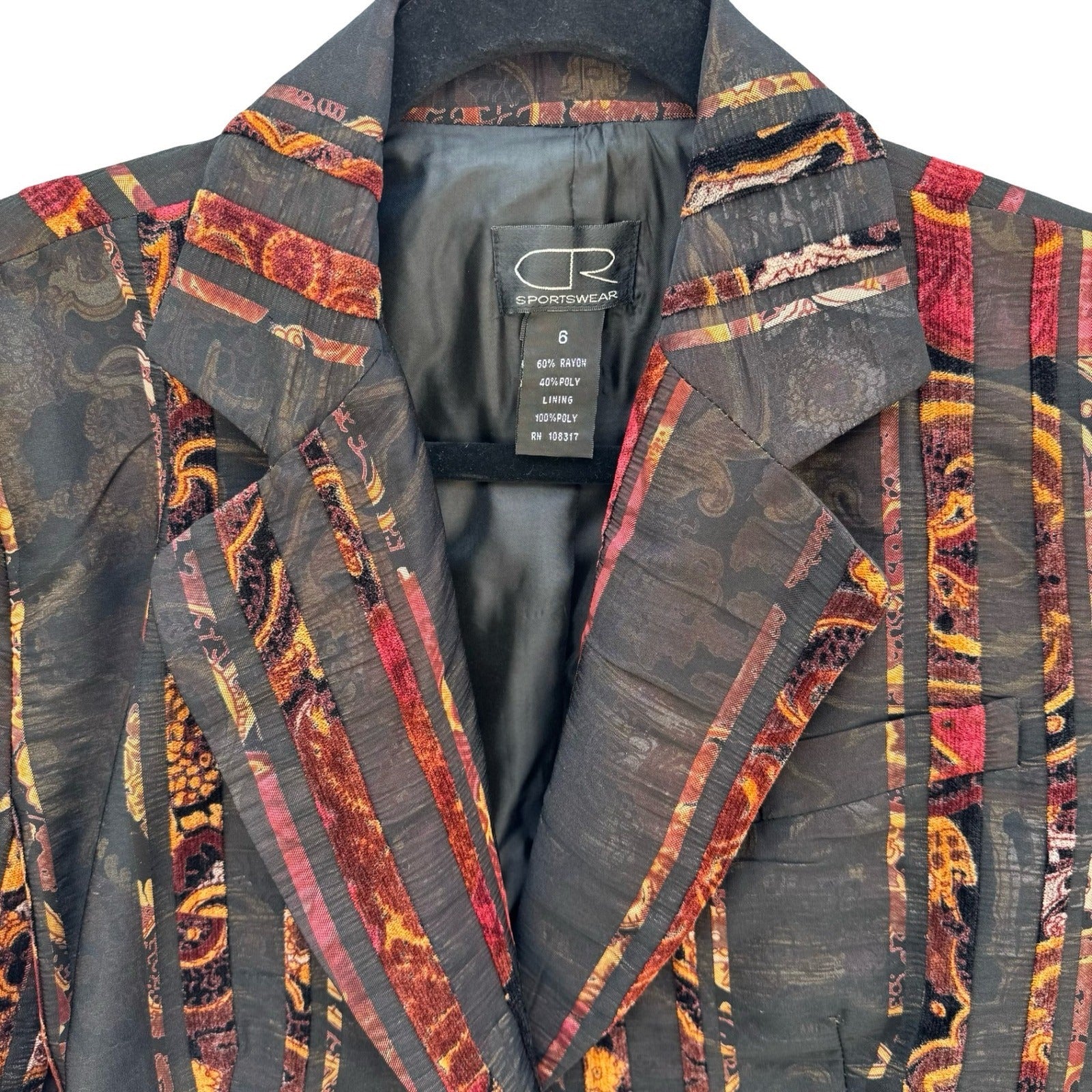 Donna Rae Sportswear Womens Black Burgundy Paisley Chenille Stripe Blazer Size 6