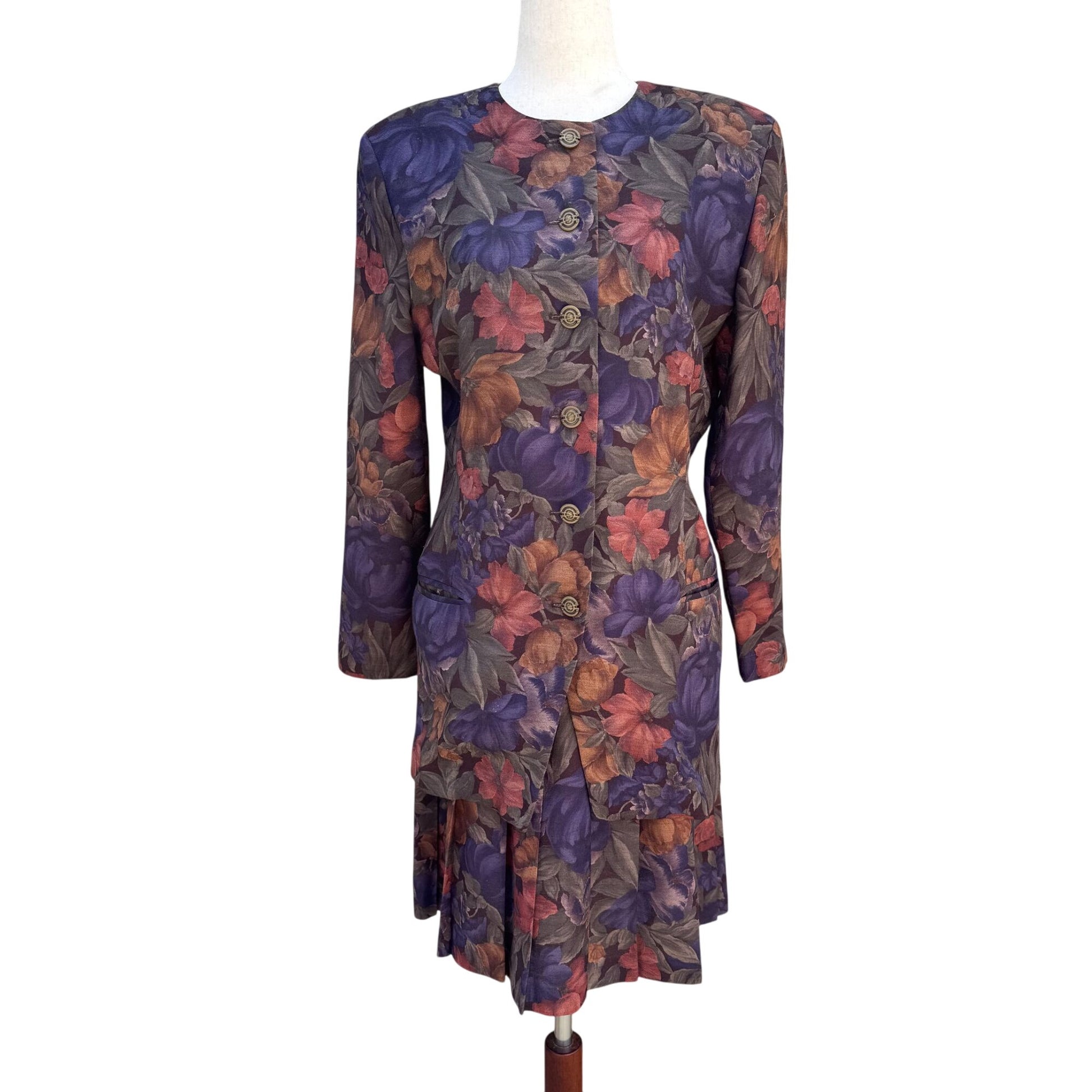 Toni Garment CC Magic Vintage Floral Button Up Pleated Jewel Tone Blazer Skirt S