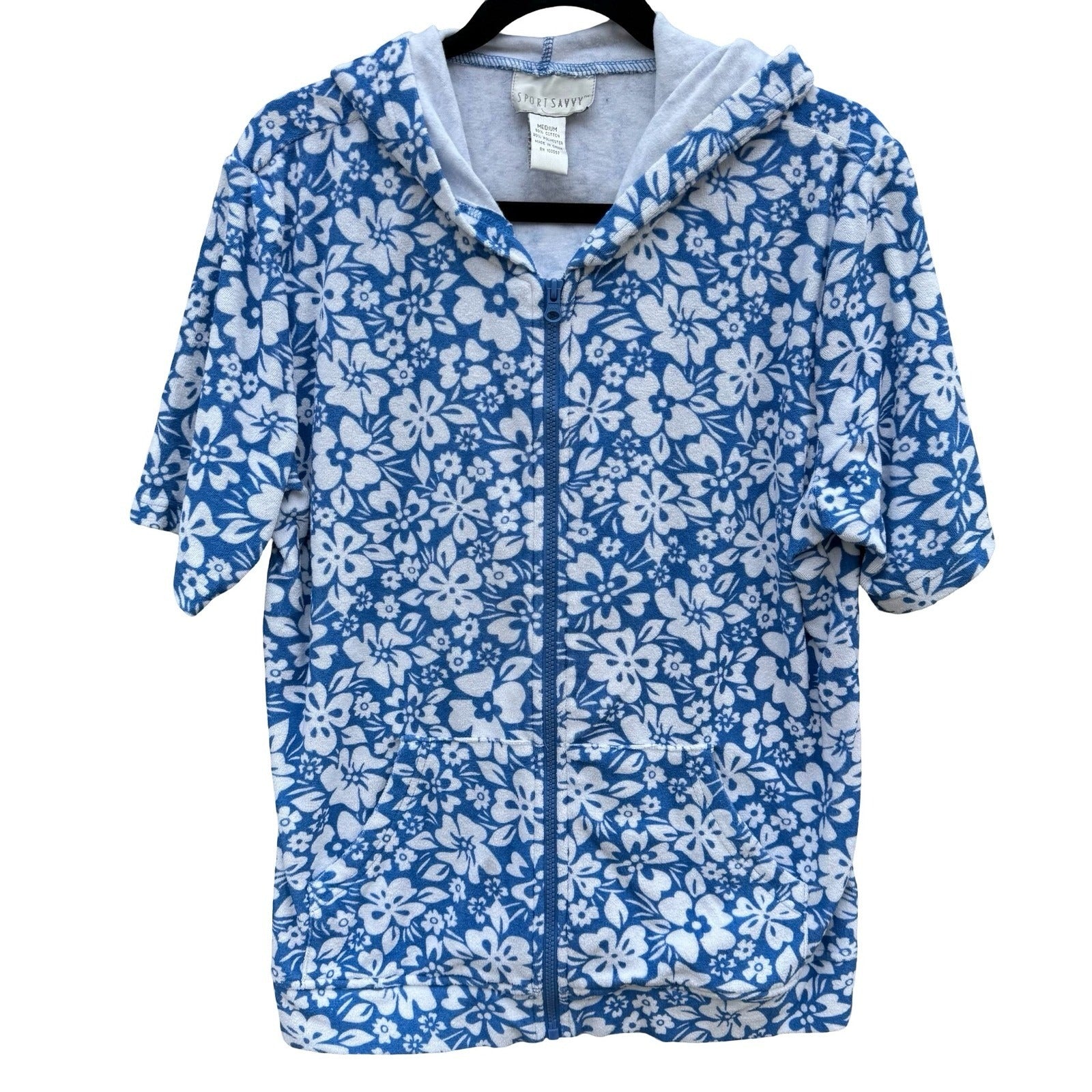 Sport Savvy Womens M Blue Floral Pool Beach Terry Cloth Zip Up Short Sleeve Hood