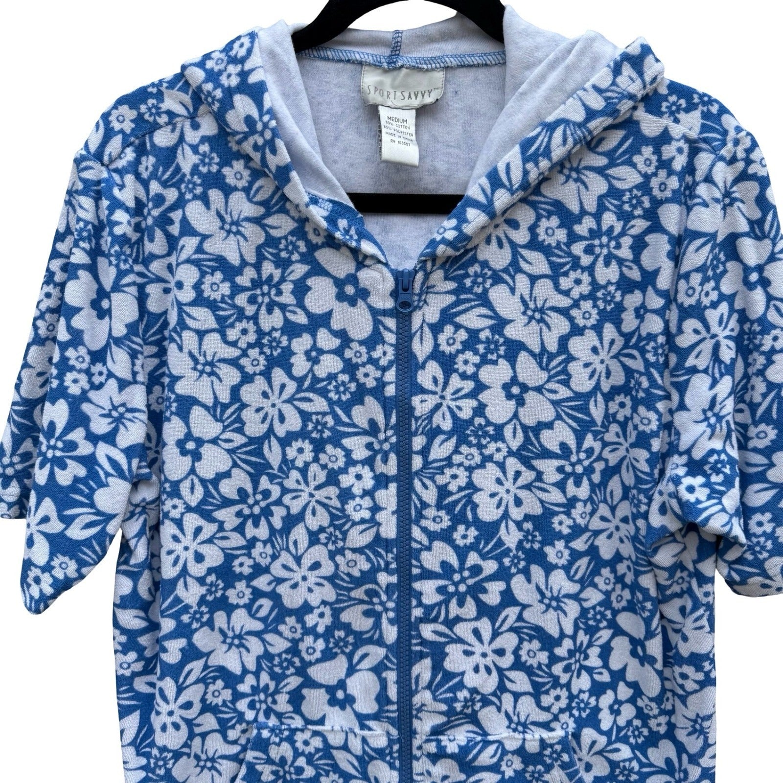 Sport Savvy Womens M Blue Floral Pool Beach Terry Cloth Zip Up Short Sleeve Hood