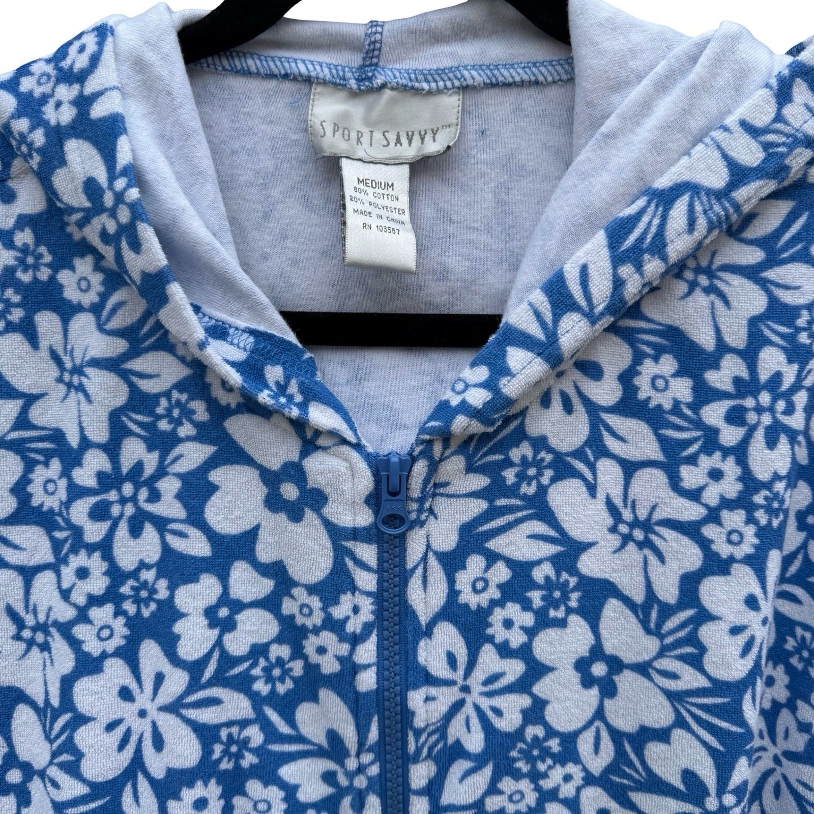 Sport Savvy Womens M Blue Floral Pool Beach Terry Cloth Zip Up Short Sleeve Hood