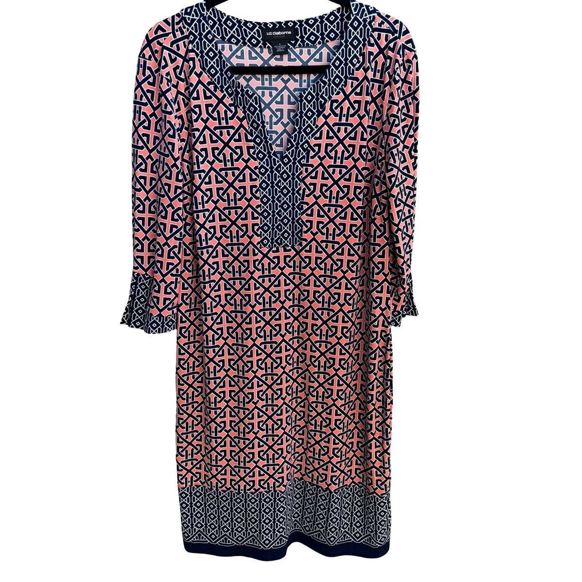 Liz Claiborne Careerwear Mod Preppy Geometric 3/4 Sleeve Jersey Shift Dress L