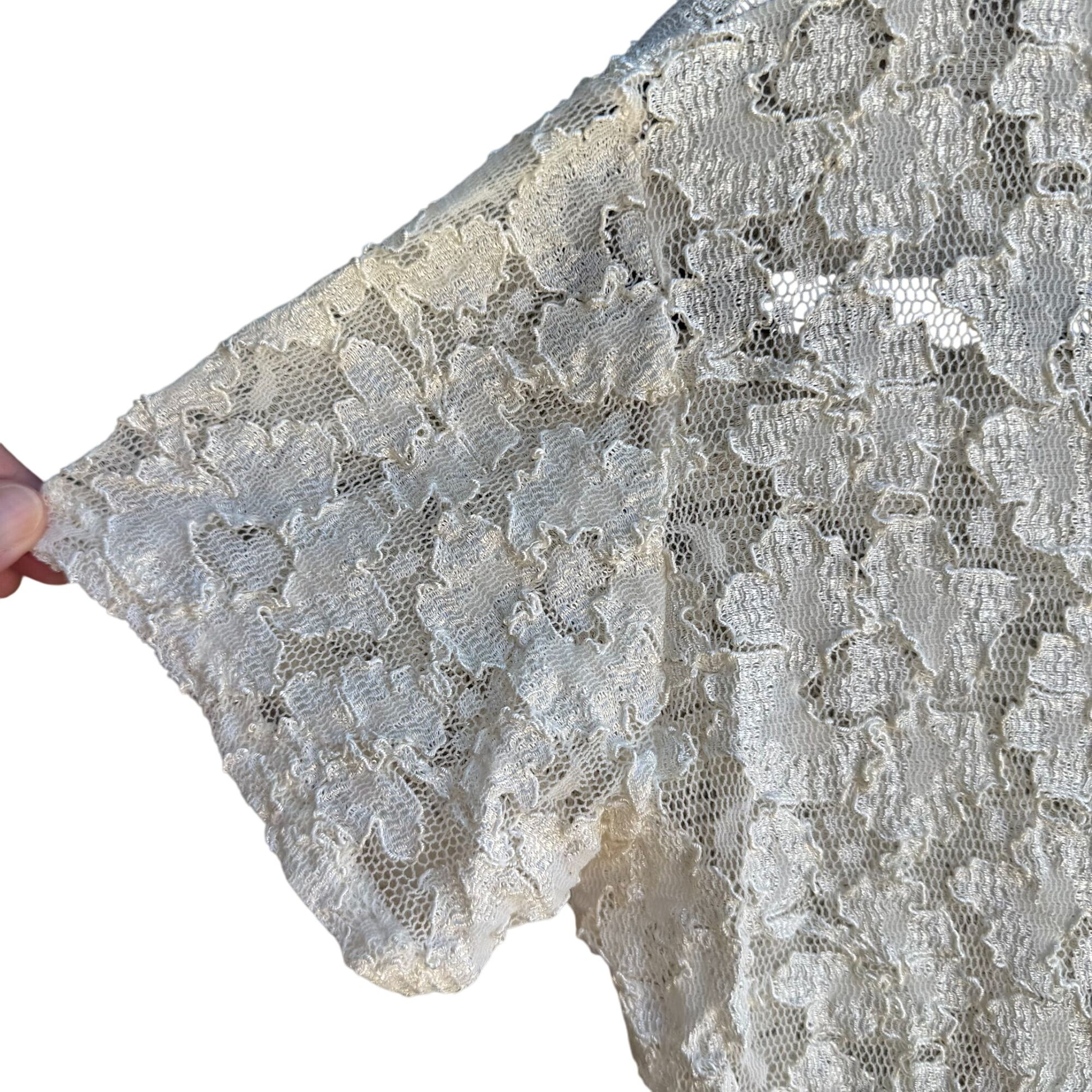 Vintage Y2K Womens Babydoll Ivory Stretch Lace Short Sleeve Semi Sheer Crop Top