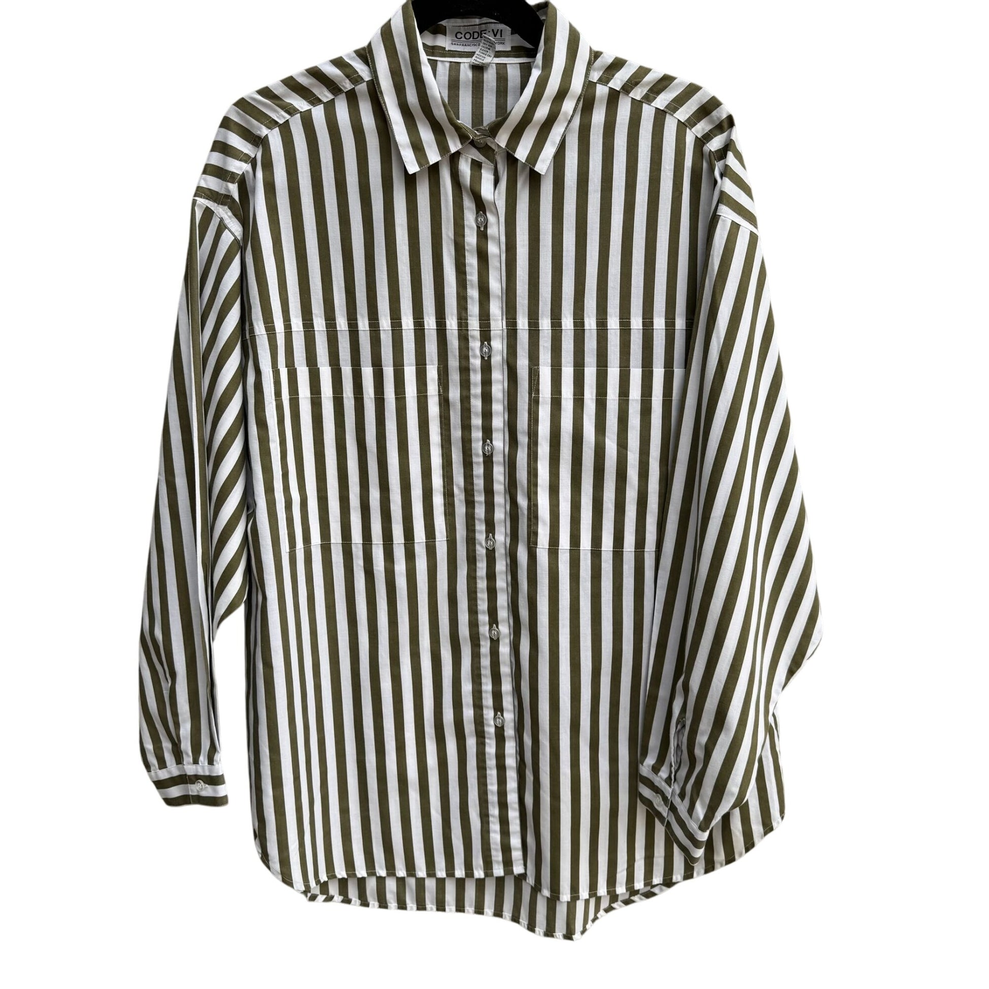 Code:Vi Vintage Womens Oversized Green White Striped Button-Up Preppy Shirt 38