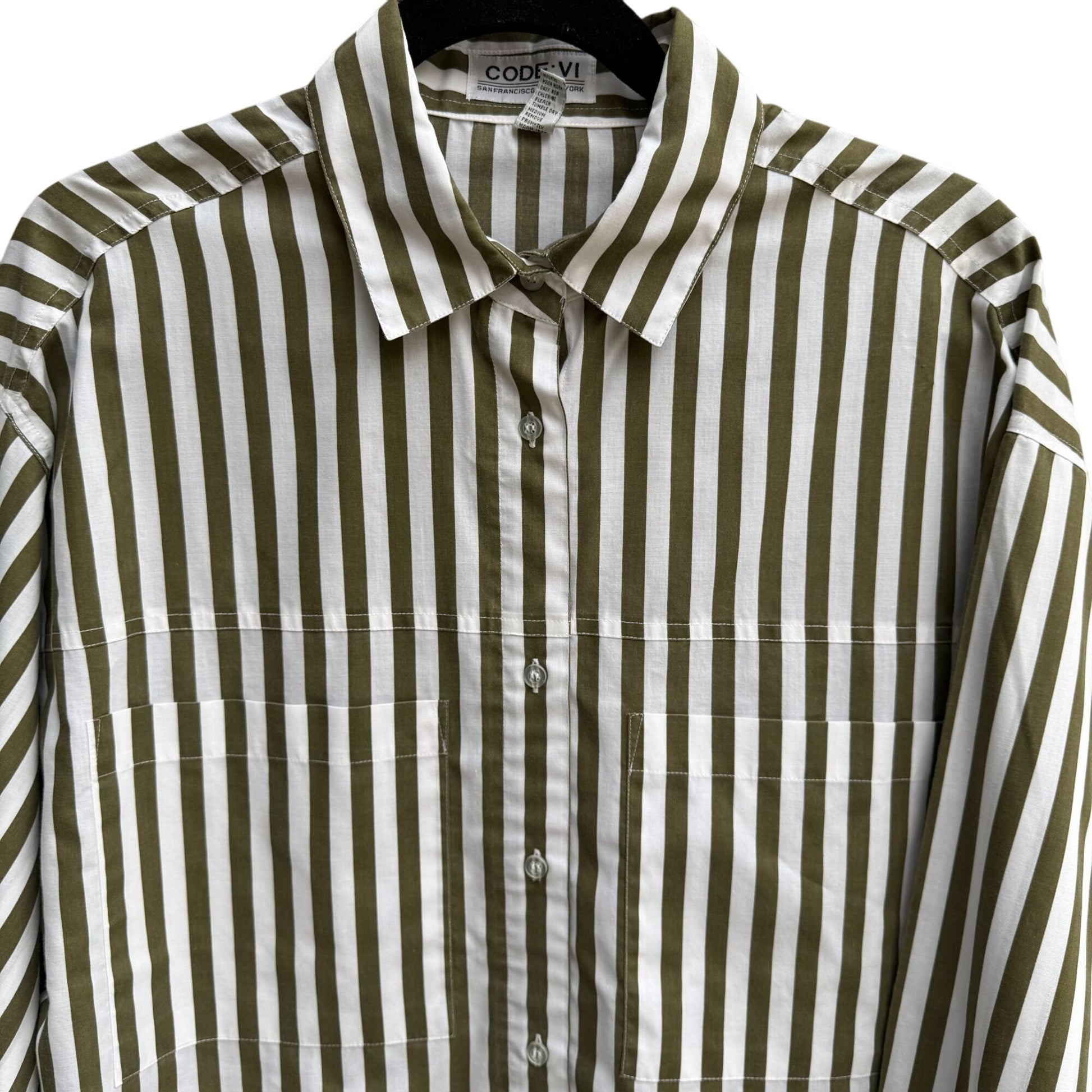 Code:Vi Vintage Womens Oversized Green White Striped Button-Up Preppy Shirt 38