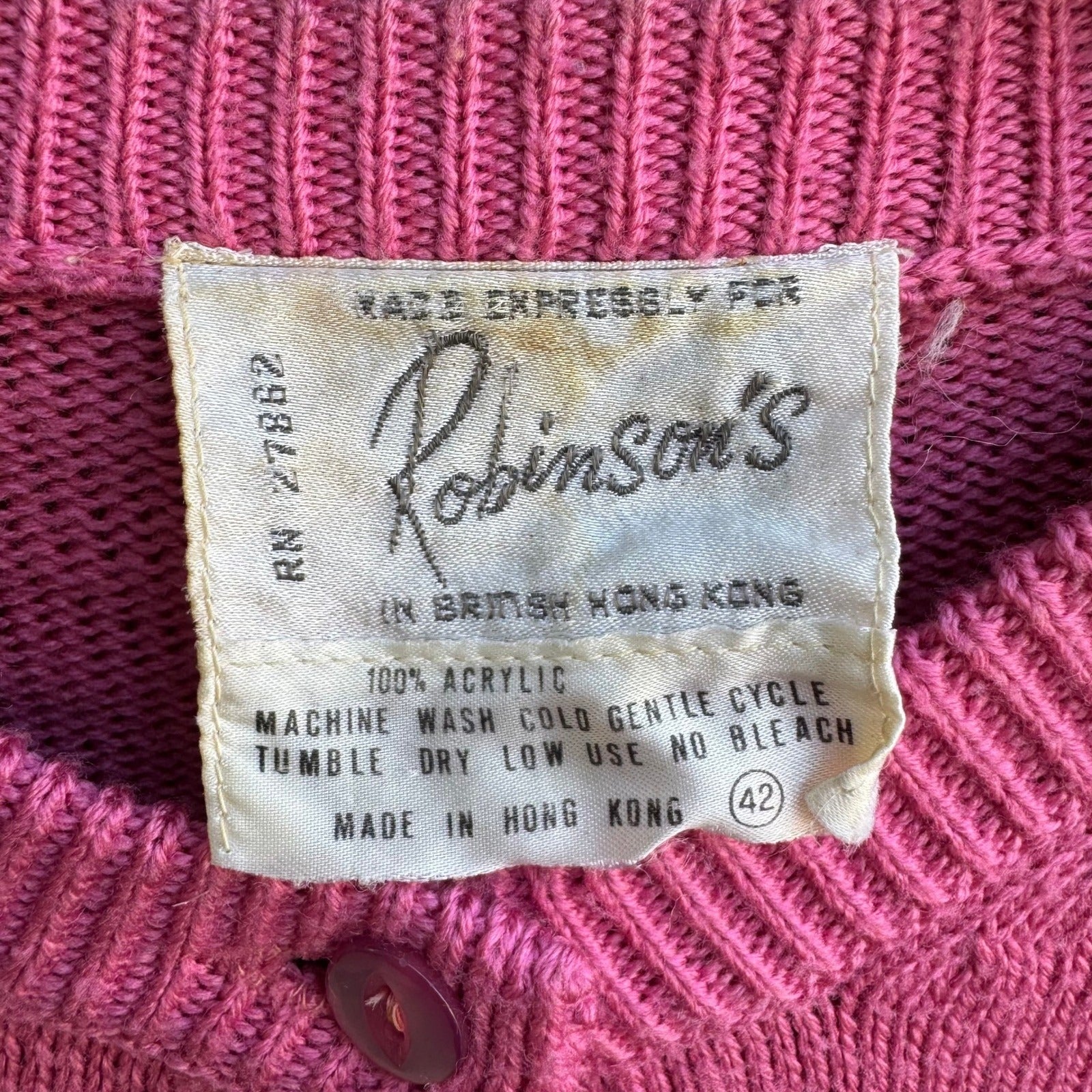 Robinsons Vintage 50s 60s Pink Cardigan Sweater Acrylic Raglan Button Front XL