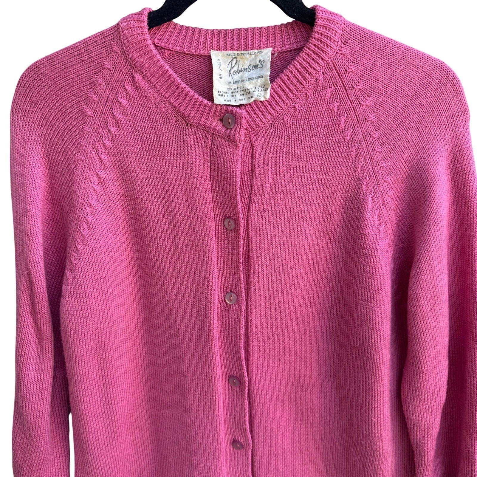 Robinsons Vintage 50s 60s Pink Cardigan Sweater Acrylic Raglan Button Front XL