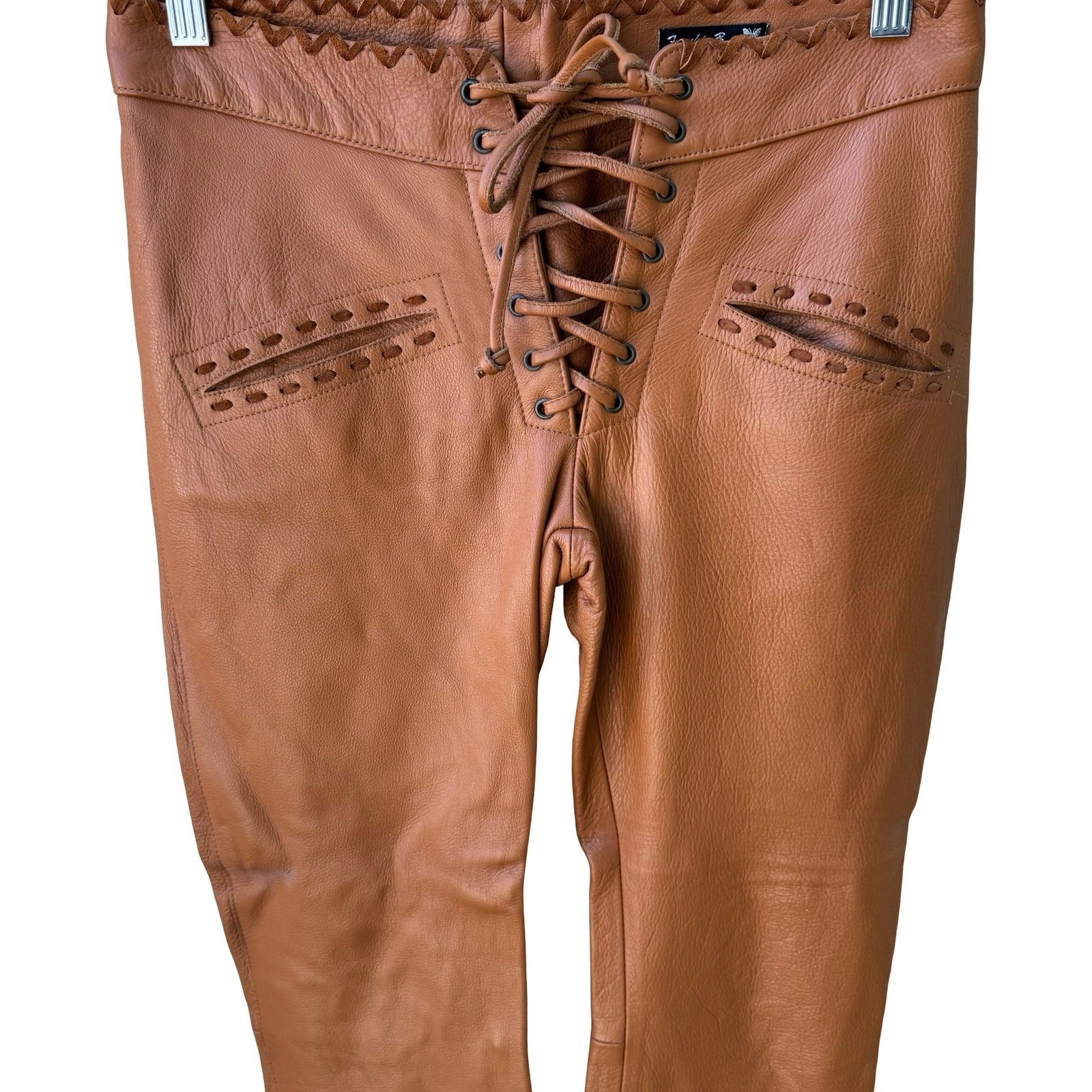 Frankie B Y2K Western Boho Biker Moto Leather Lace Up Pants Cognac Whipstitch XS