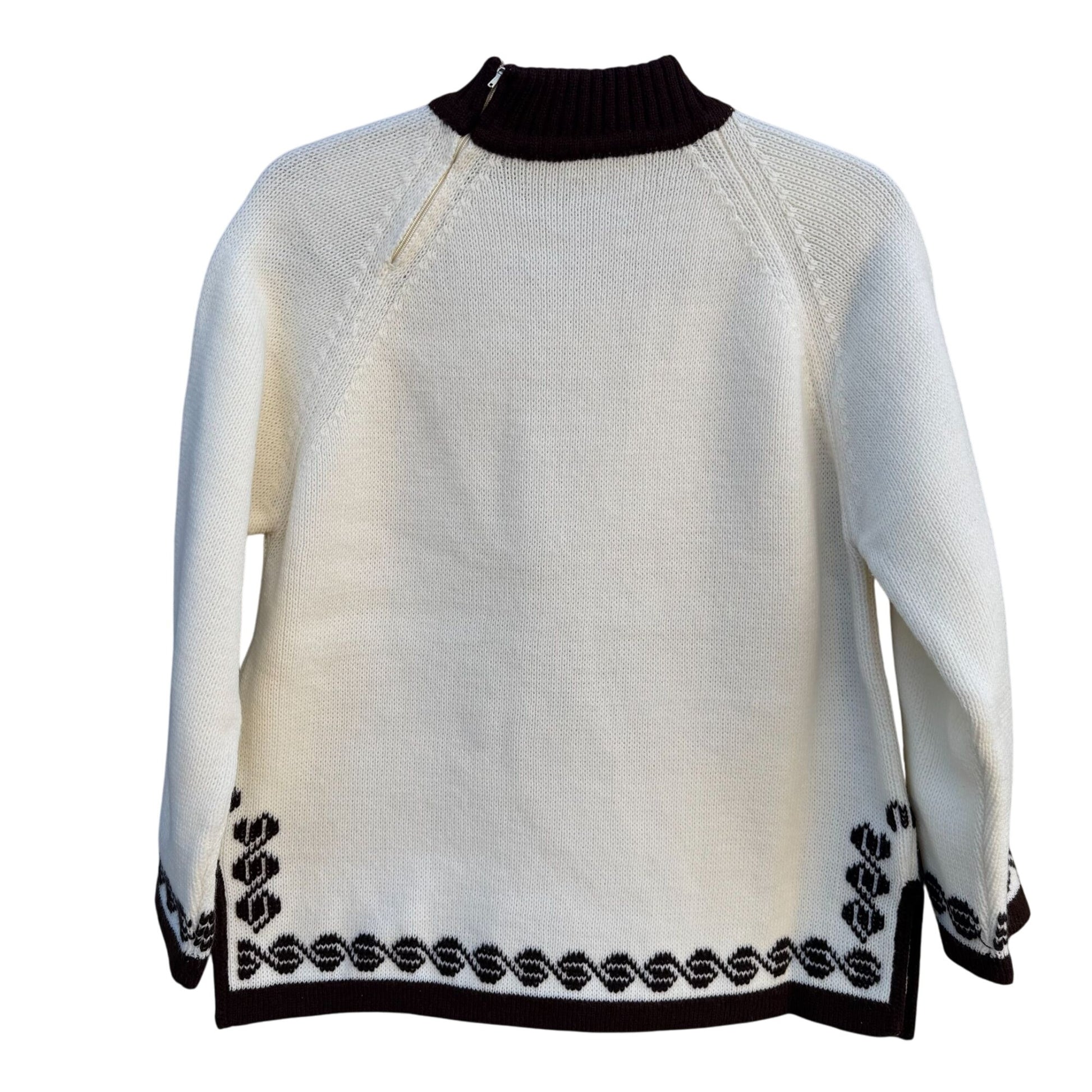 Vintage 60s 70s Cream Brown Knit High Zip Collar Geometric Nordic Ski Sweater XL