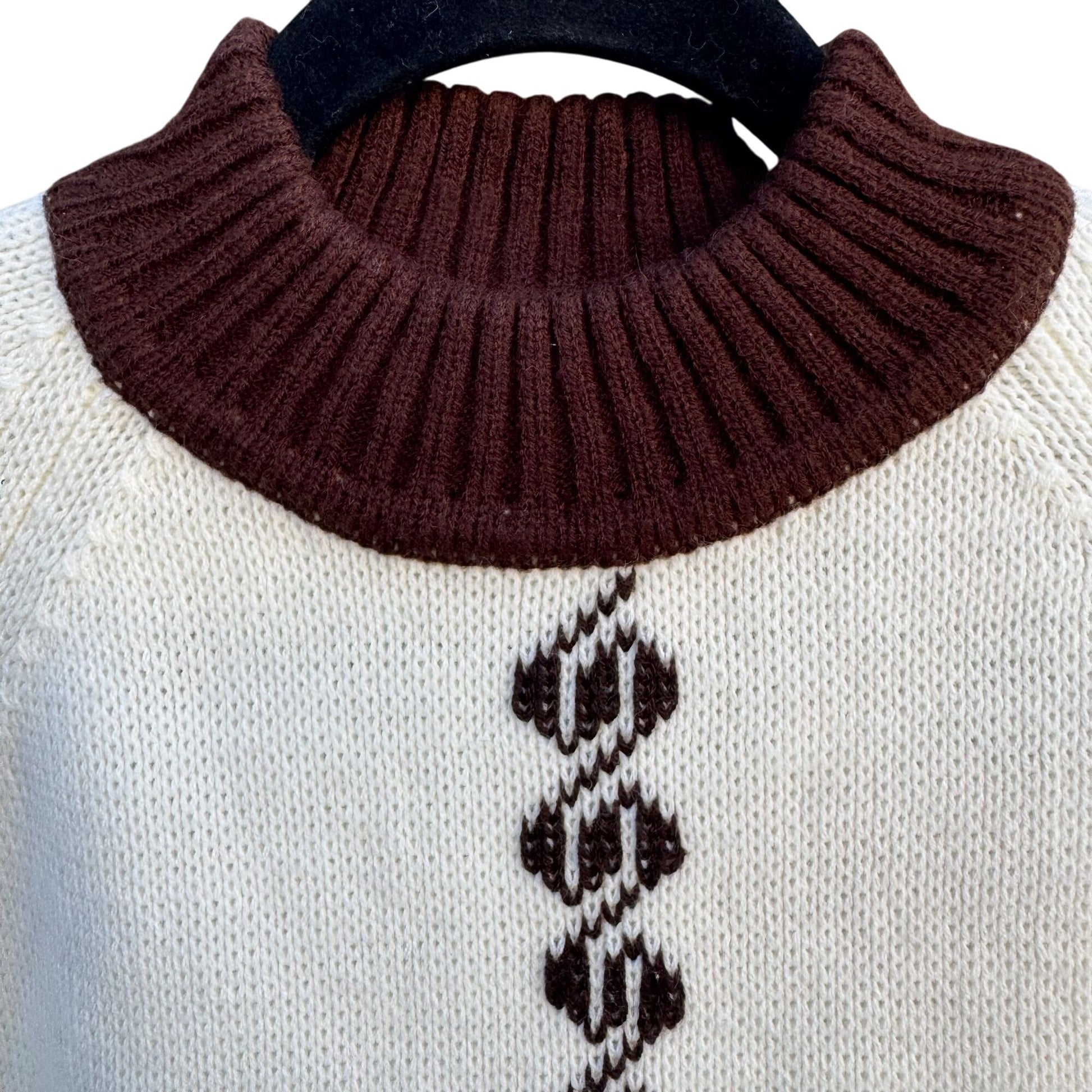 Vintage 60s 70s Cream Brown Knit High Zip Collar Geometric Nordic Ski Sweater XL