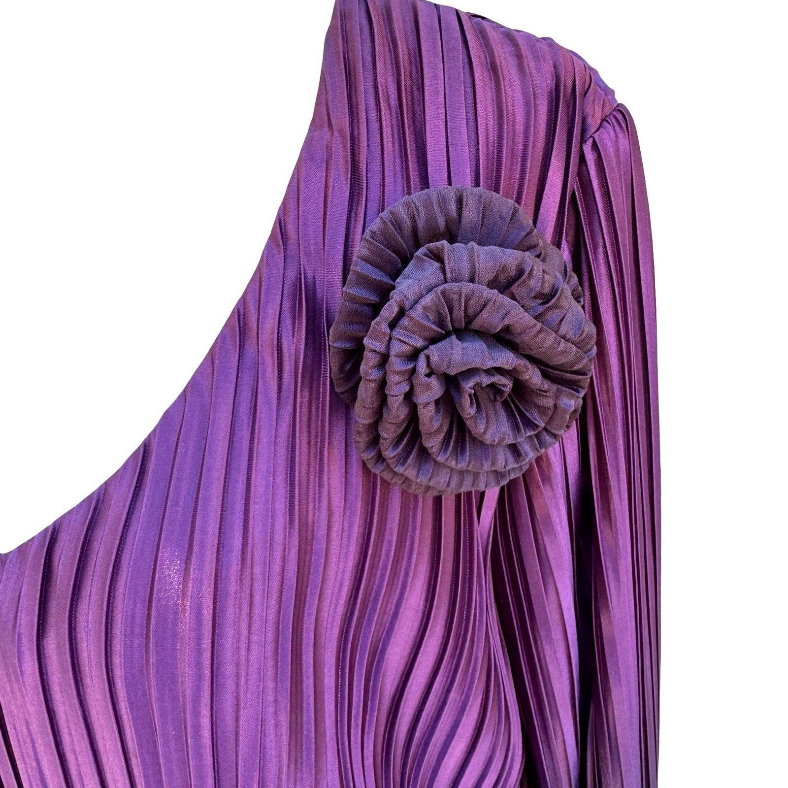 D'Albert Vintage 90s Purple Ombre Pleated Tiered Midi Dress Floral Rosette 8