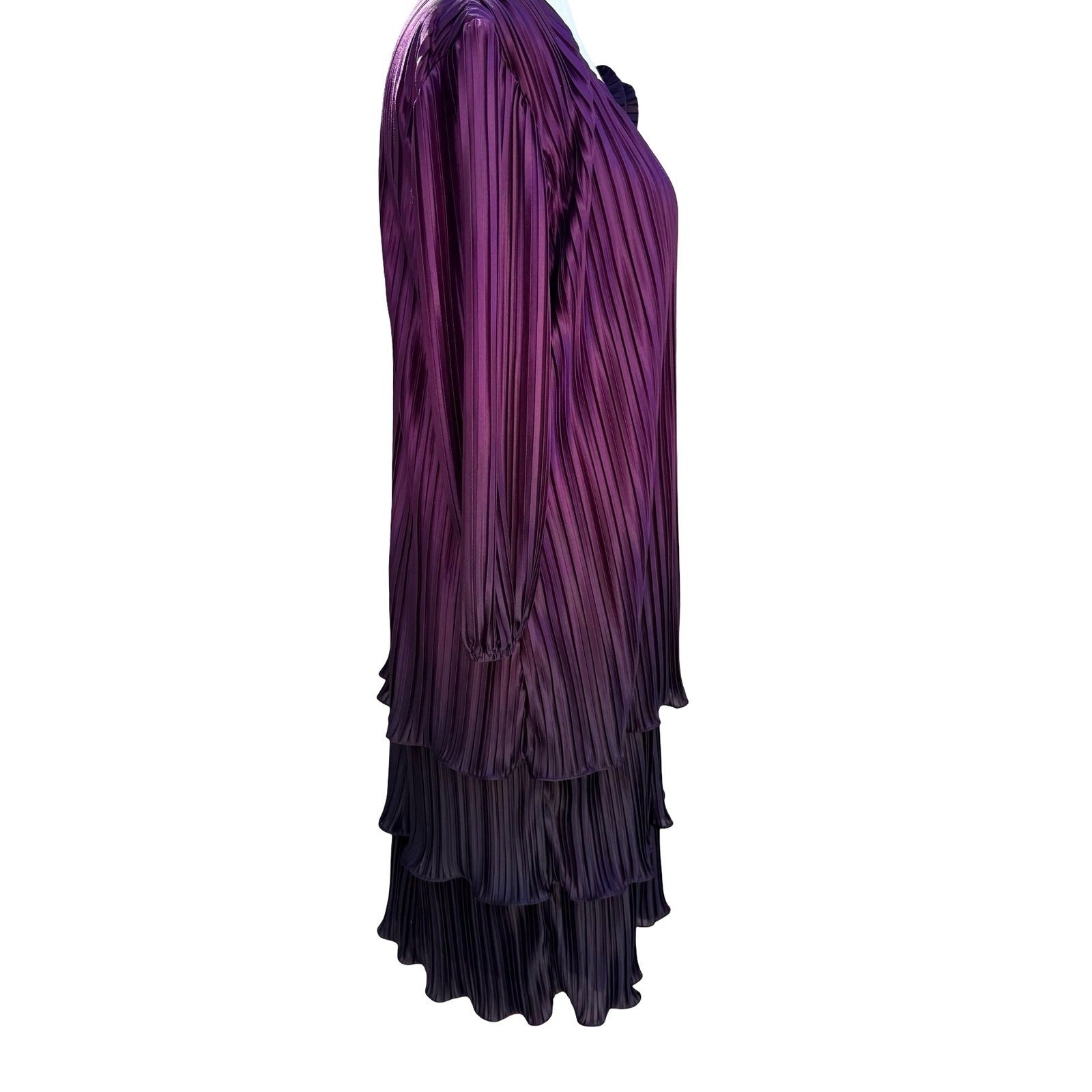 D'Albert Vintage 90s Purple Ombre Pleated Tiered Midi Dress Floral Rosette 8