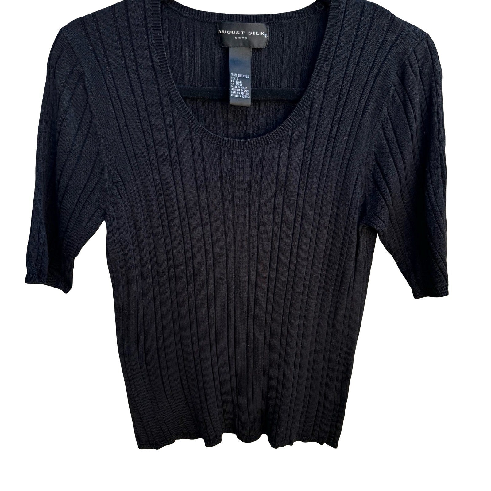 August Silk Y2K Minimalist 100% Silk Ribbed Quiet Luxury Knit Sweater Black L