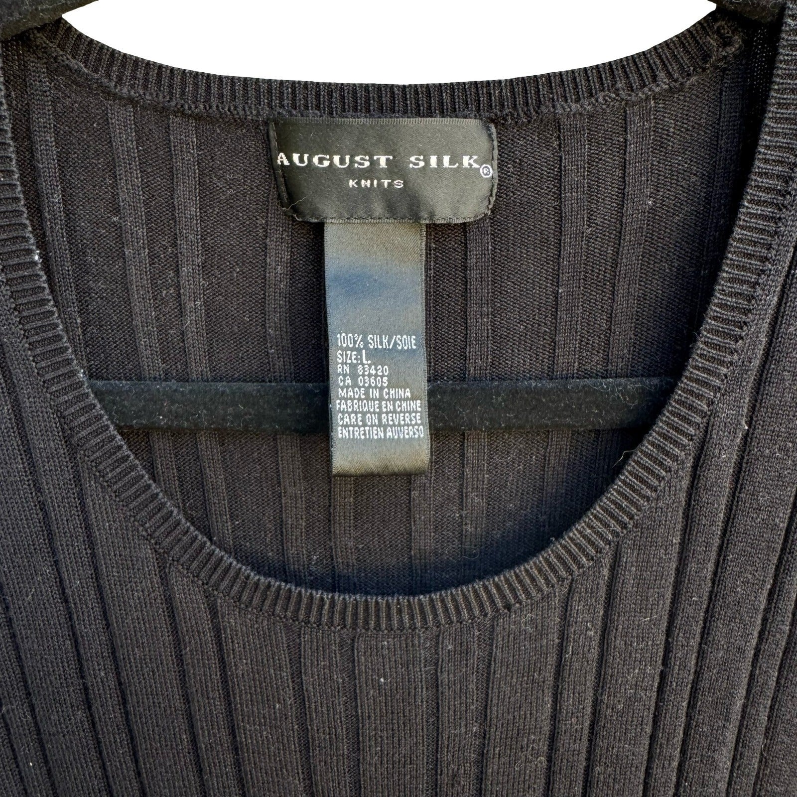 August Silk Y2K Minimalist 100% Silk Ribbed Quiet Luxury Knit Sweater Black L