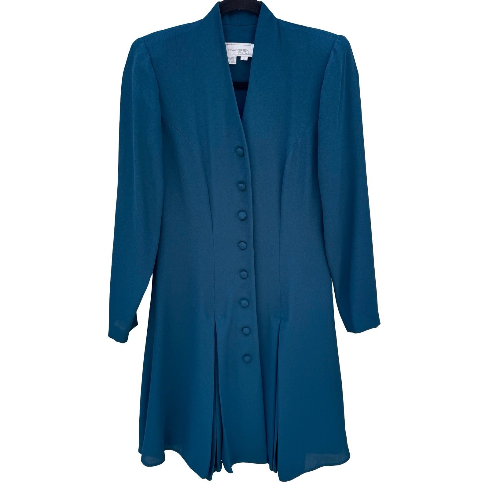 Warren Petites Vintage Teal Blue Button Front Pleated Long Sleeve Dress Size 2