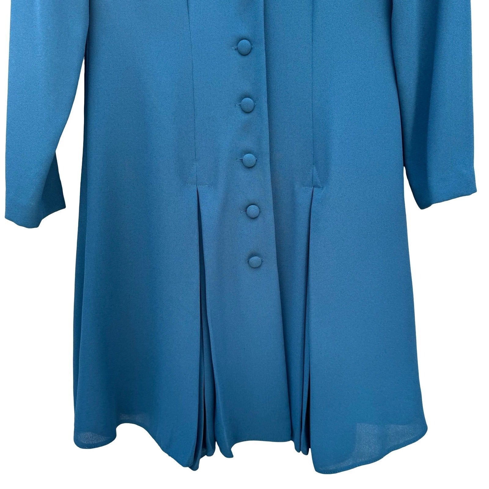 Warren Petites Vintage Teal Blue Button Front Pleated Long Sleeve Dress Size 2