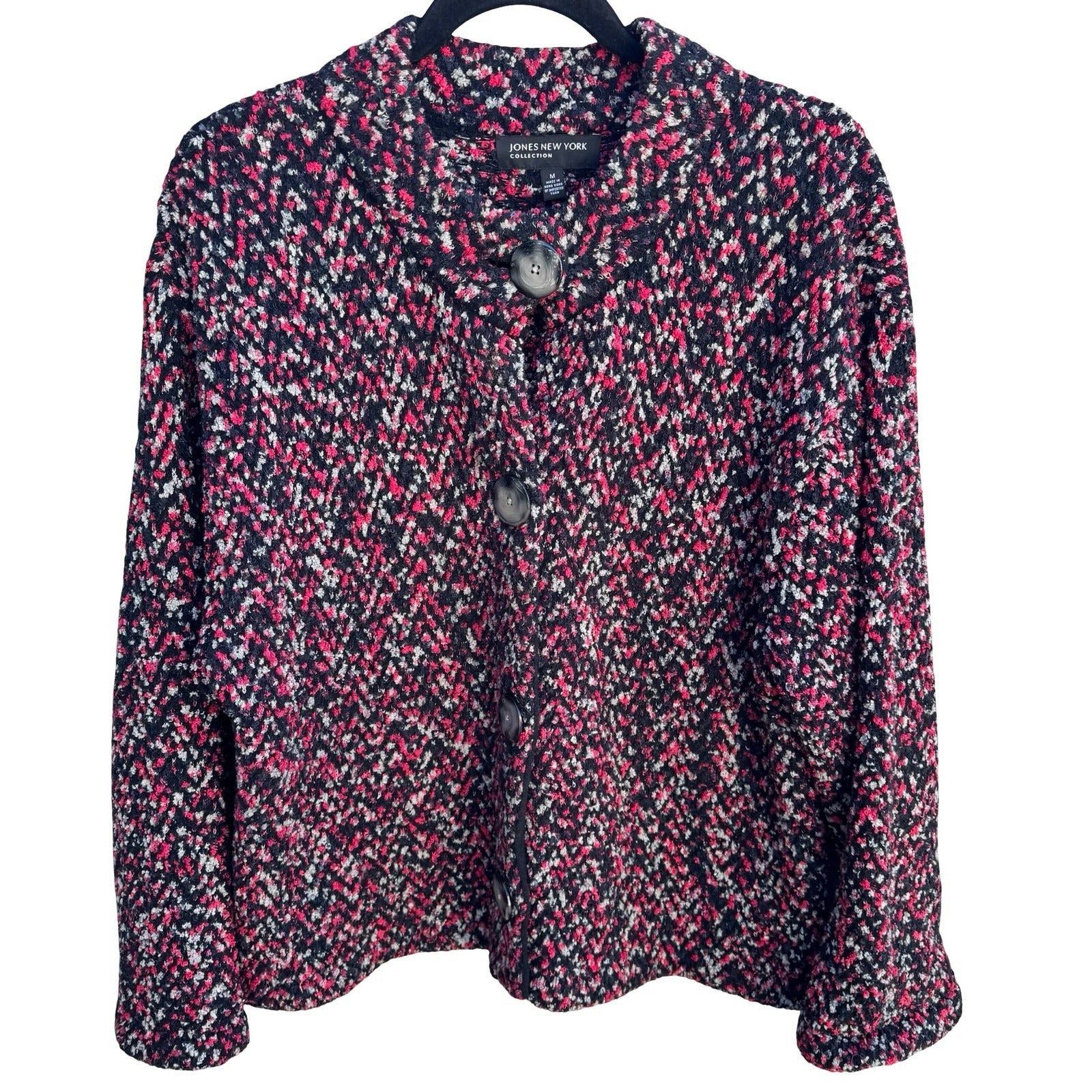 Jones New York Collection Pink Black Marled Boucle Button Front Cardigan Size M