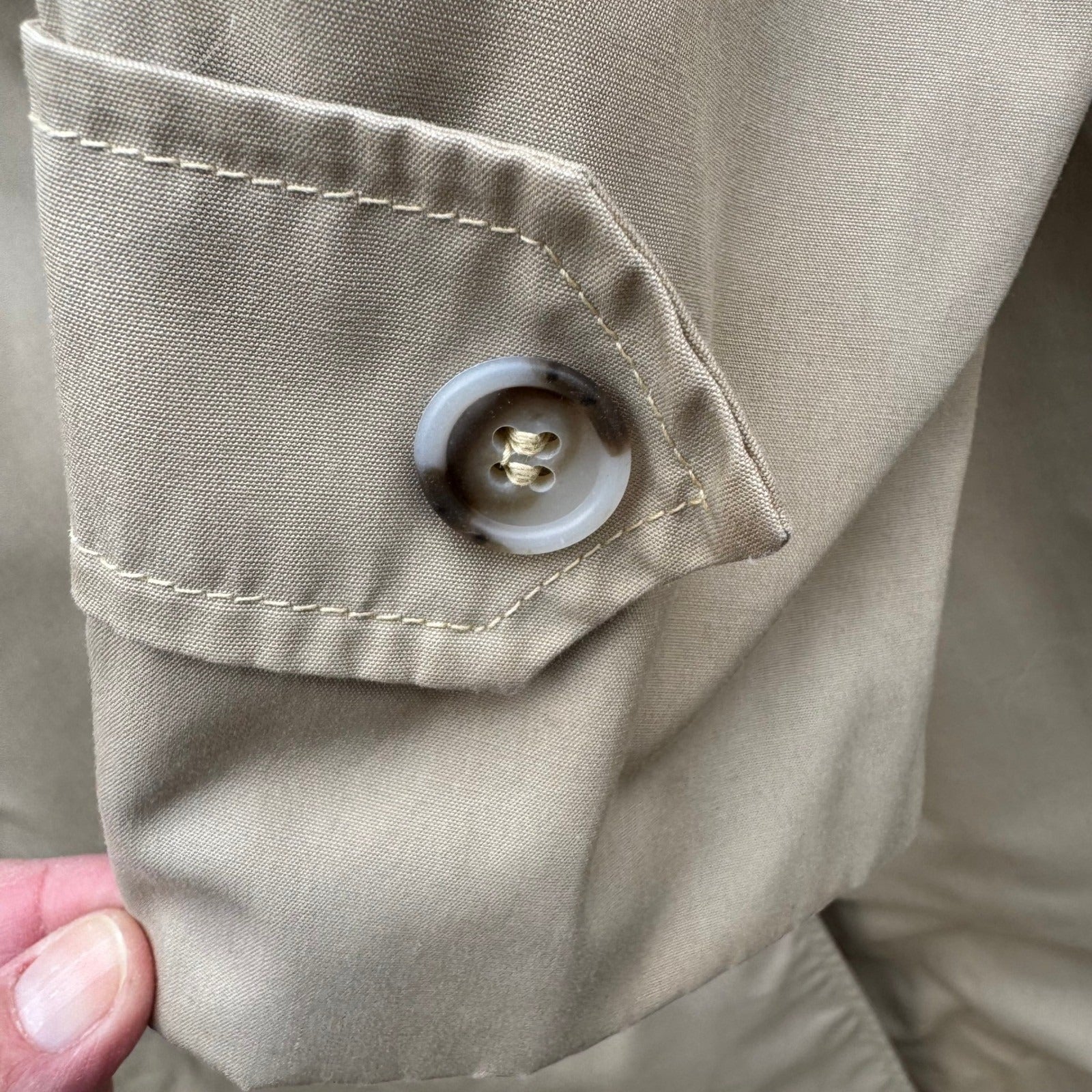 Vintage Khaki Trench Coat Mens Overcoat Hidden Button Striped Lining Mid Length