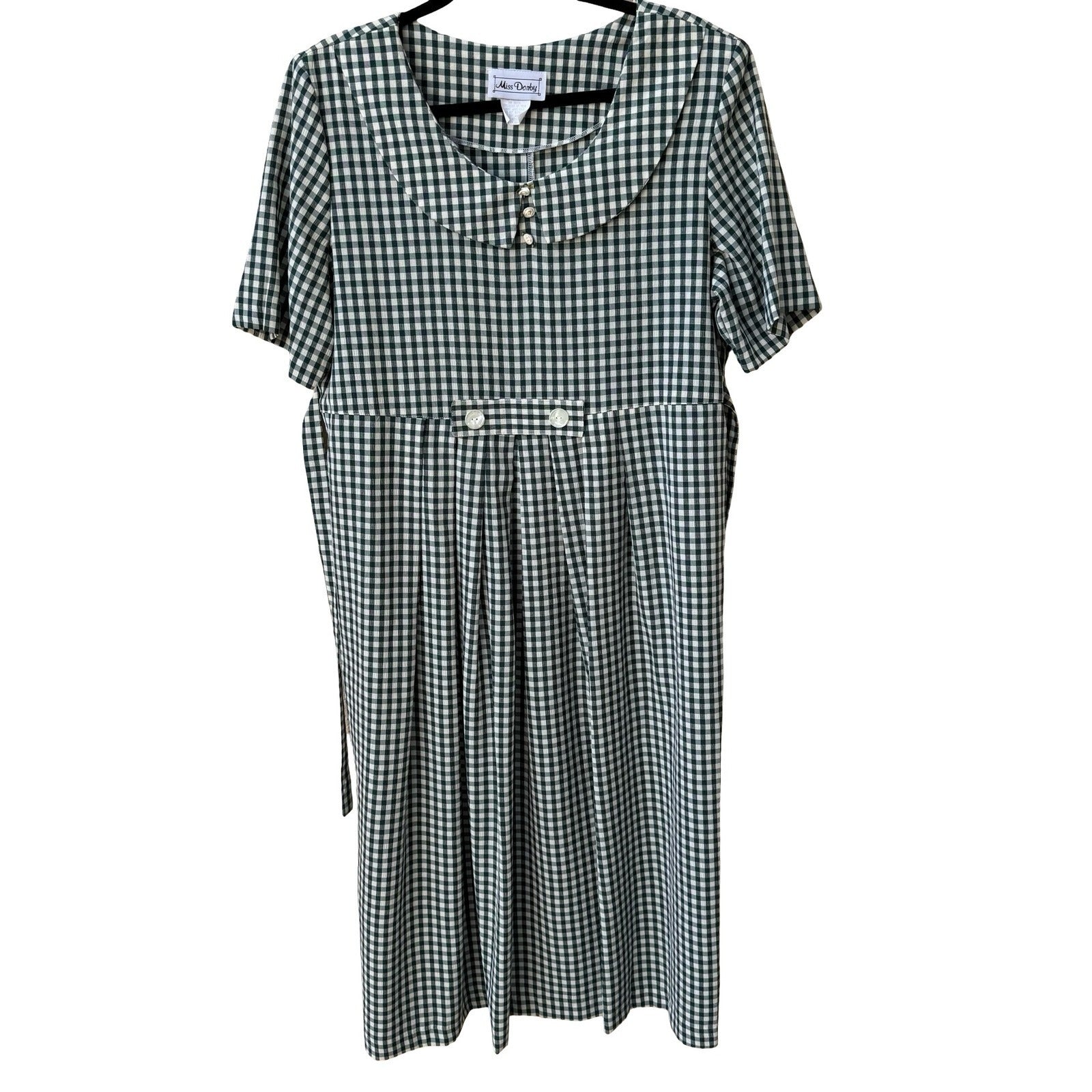 Miss Dorby Vintage Green Gingham Midi Dress Peter Pan Collar Short Sleeve Sze 16