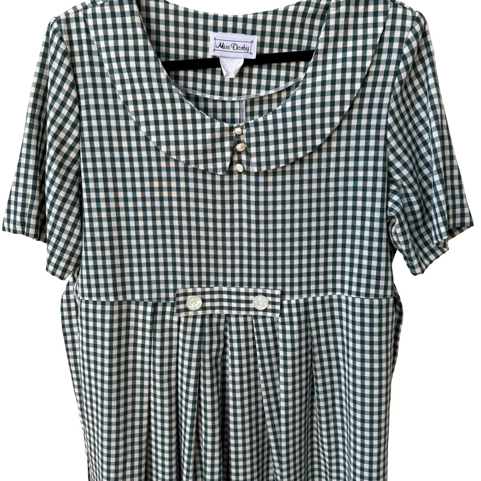 Miss Dorby Vintage Green Gingham Midi Dress Peter Pan Collar Short Sleeve Sze 16