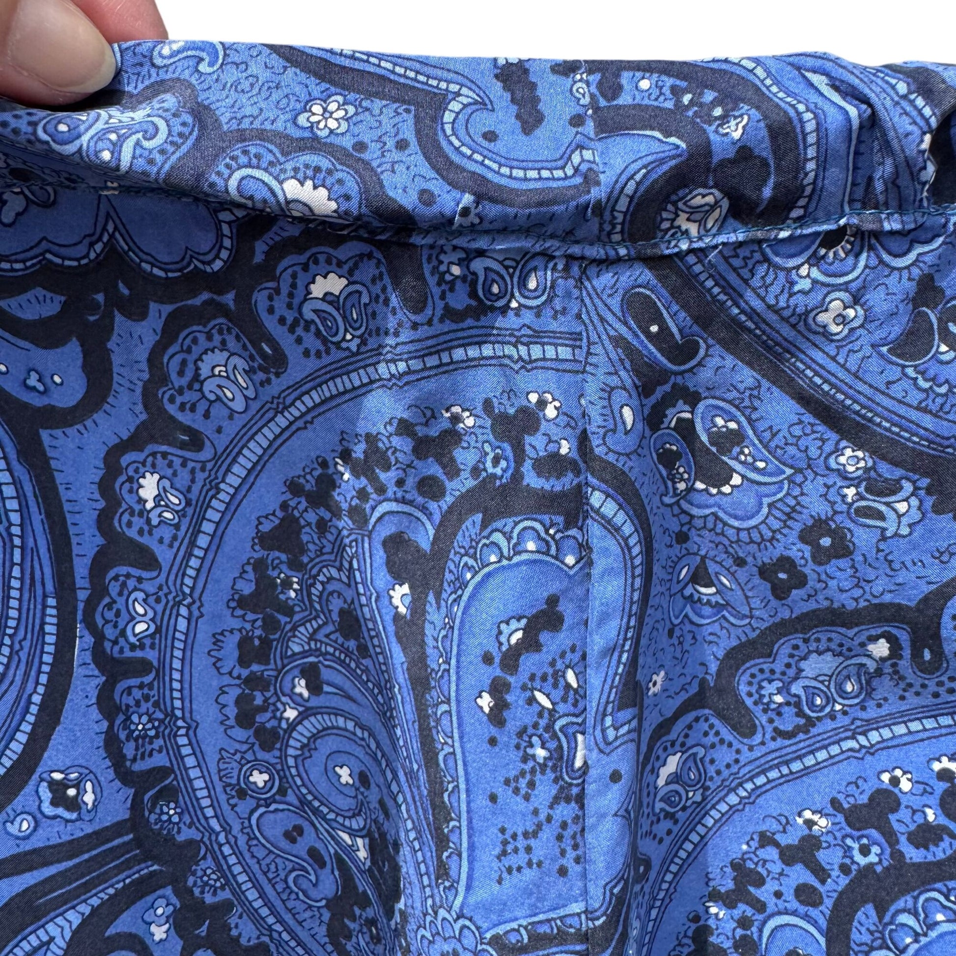 Vintage Blue Black Paisley Print Womens Elastic Waist Relaxed Fit Pleated Pants