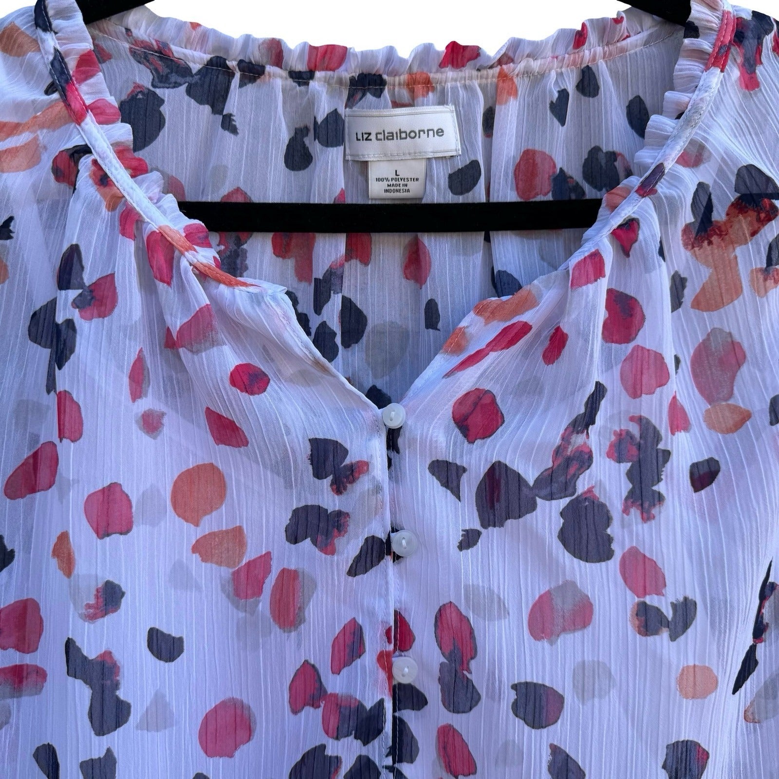 Liz Claiborne Feminine Sleeveless Ruffle Neck Abstract Petal Print Blouse L