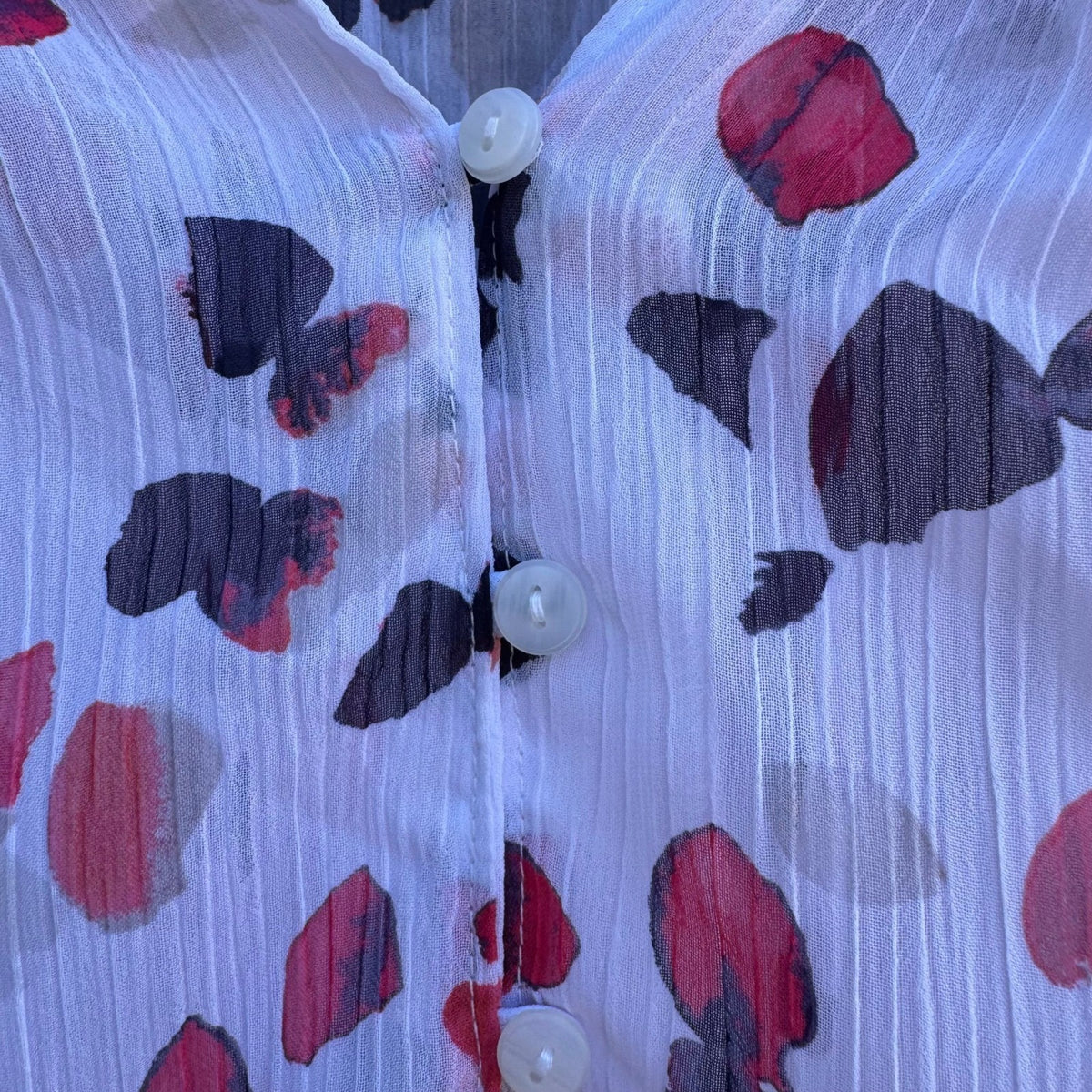 Liz Claiborne Feminine Sleeveless Ruffle Neck Abstract Petal Print Blouse L