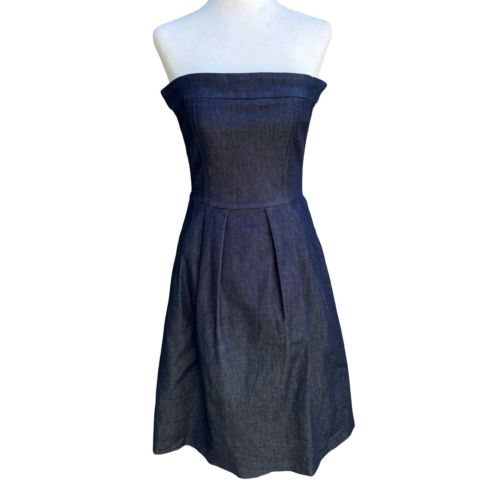 Zara Denim Couture Preppy Minimalist Strapless Fit Flare Midi Dress Dark Wash XS