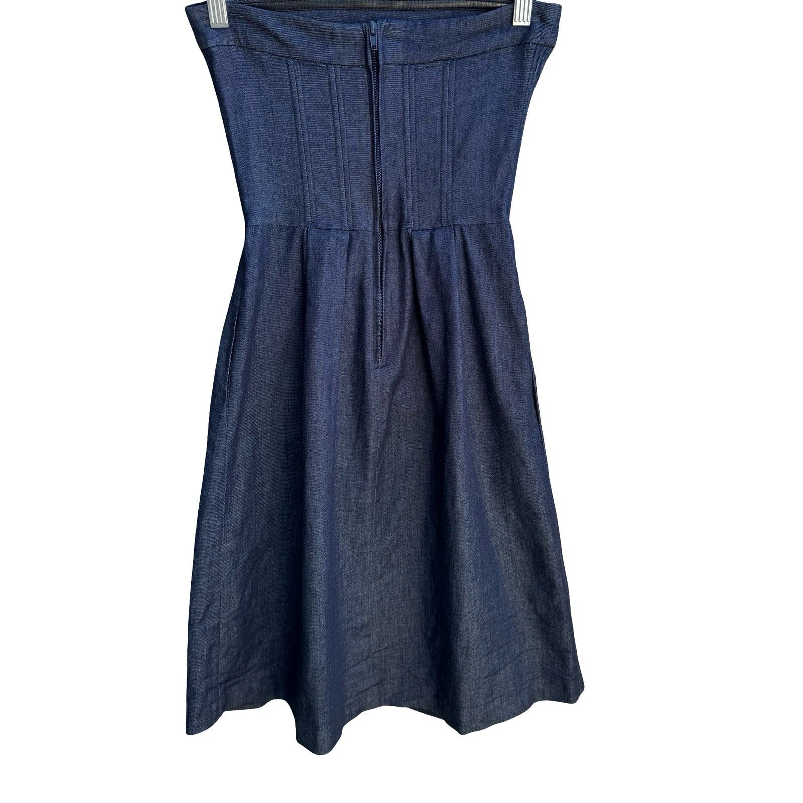 Zara Denim Couture Preppy Minimalist Strapless Fit Flare Midi Dress Dark Wash XS