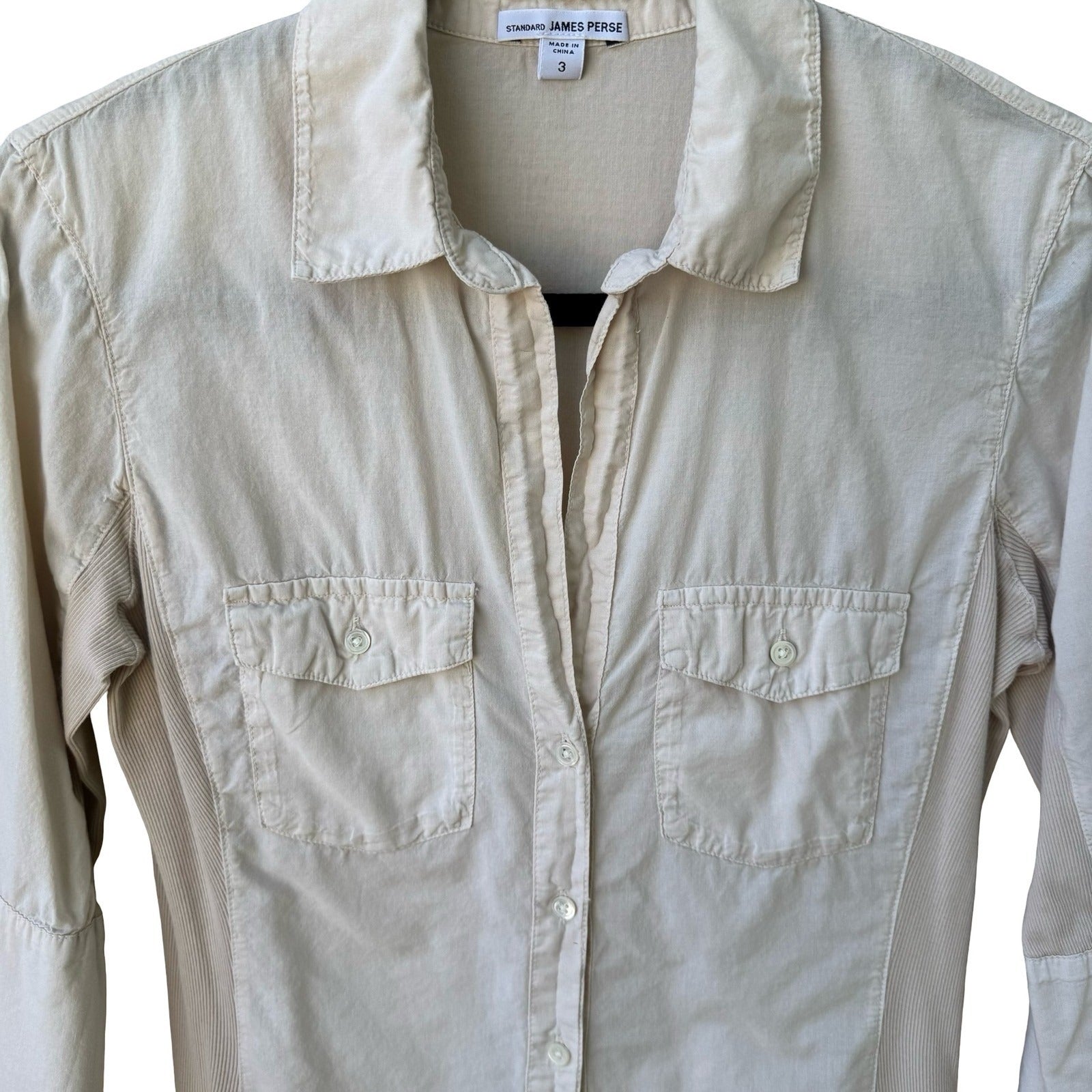 James Perse Minimalist Cotton Neutral Coastal Shirt Ribbed Panels Tan Womens 3
