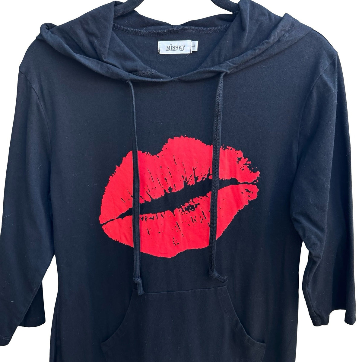 Missky Y2K Red Lips Edgy Rocker Grunge Alt Graphic Hooded Shirt Dress Black L