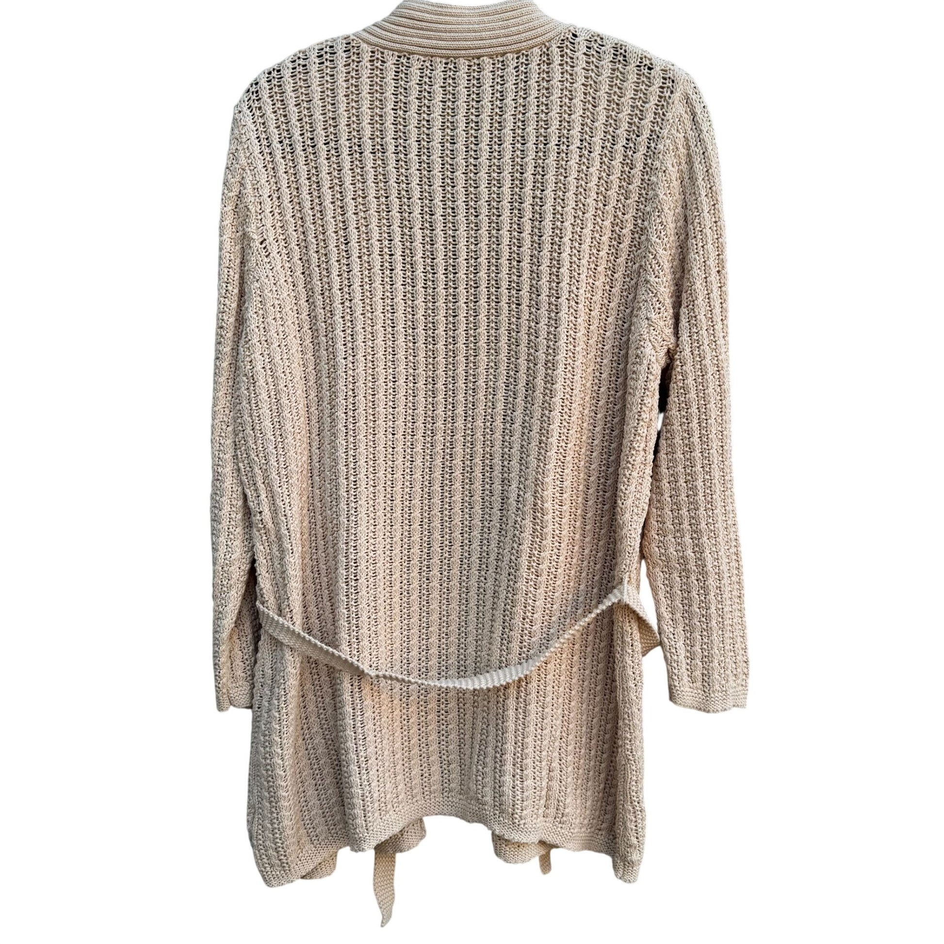 Liz Claiborne Beige Open Knit Long Belted Cardigan Womens L Cozy Layer Lagenlook