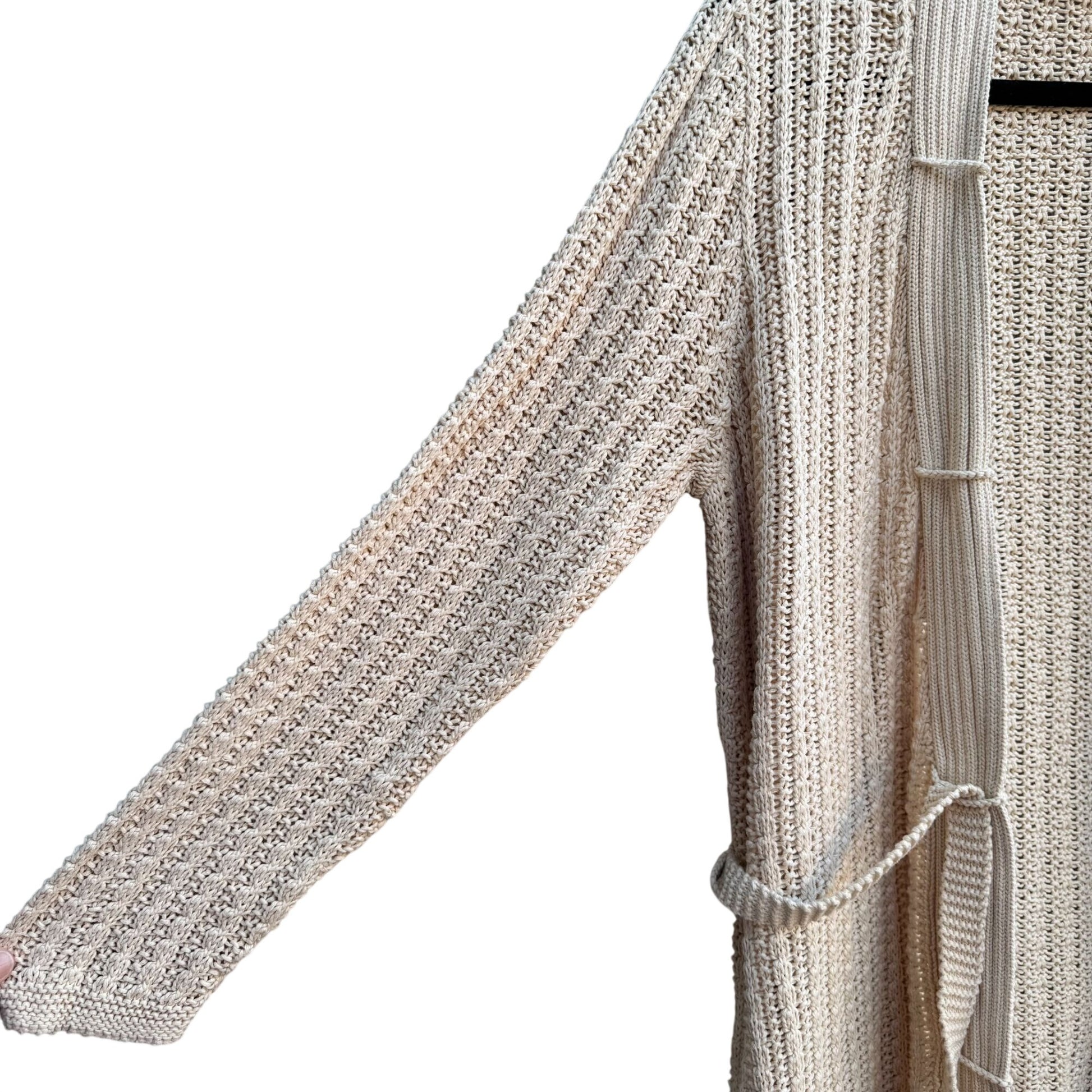 Liz Claiborne Beige Open Knit Long Belted Cardigan Womens L Cozy Layer Lagenlook