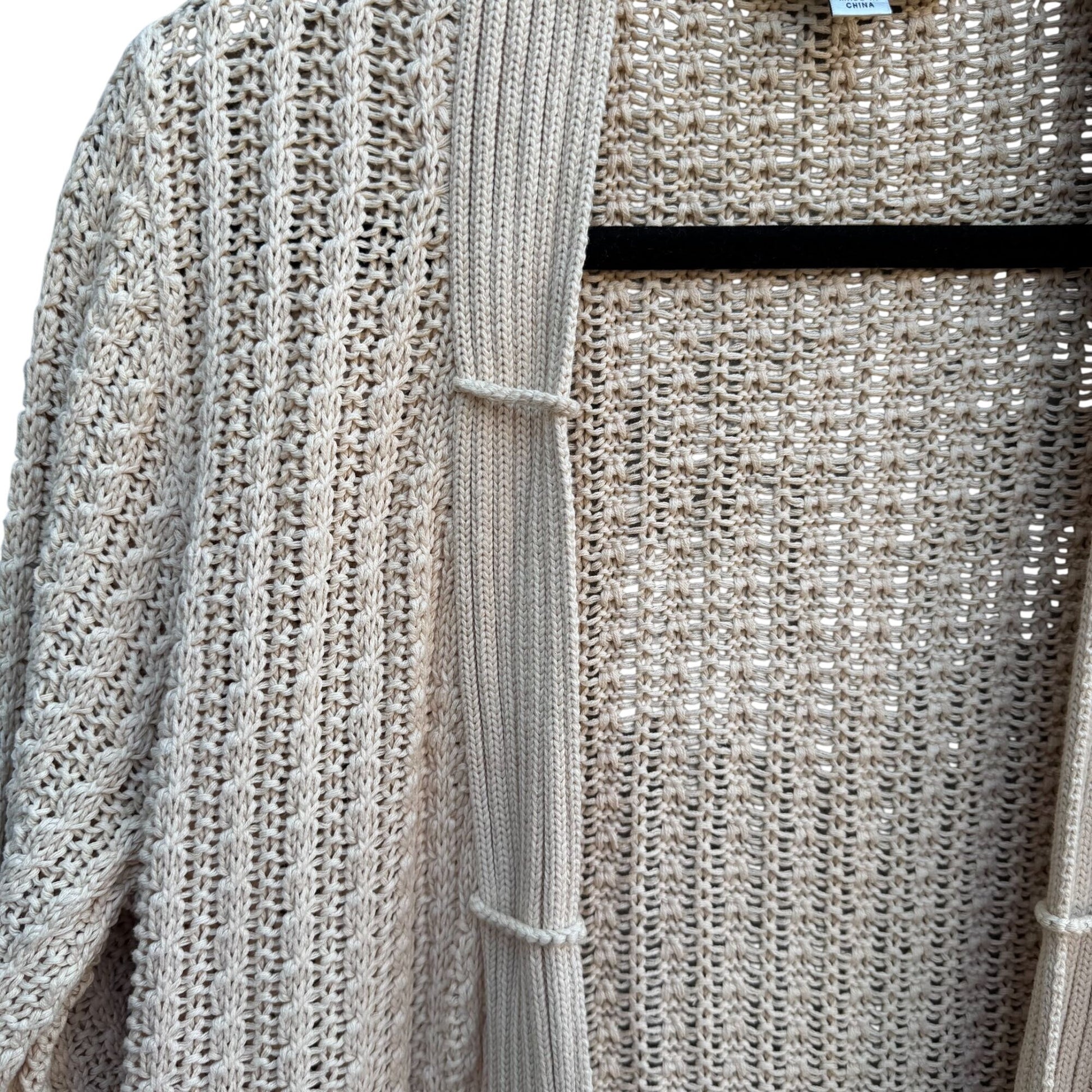 Liz Claiborne Beige Open Knit Long Belted Cardigan Womens L Cozy Layer Lagenlook