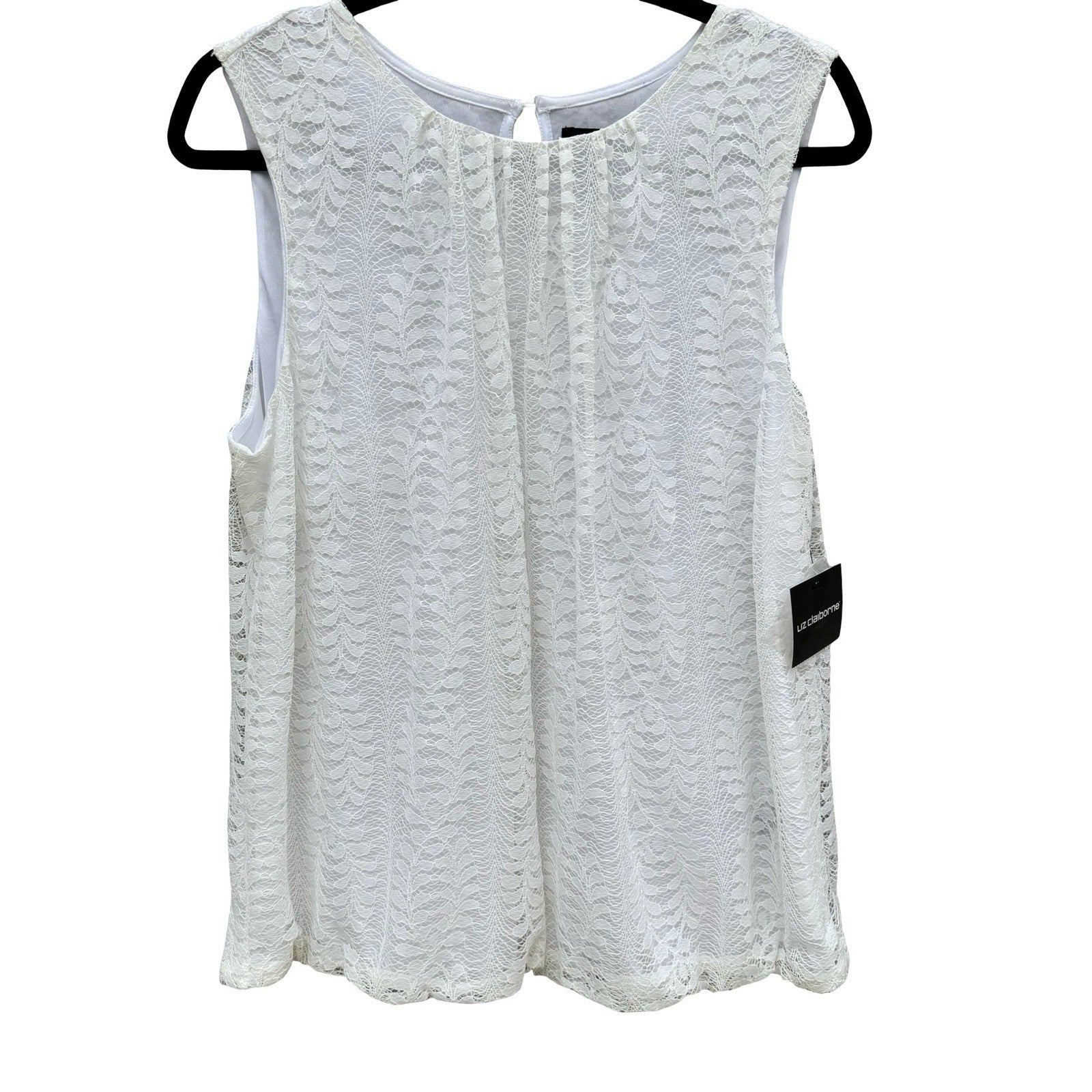 Liz Claiborne Career White Lace Bubble Blouse Sleeveless Keyhole Back Large NEW