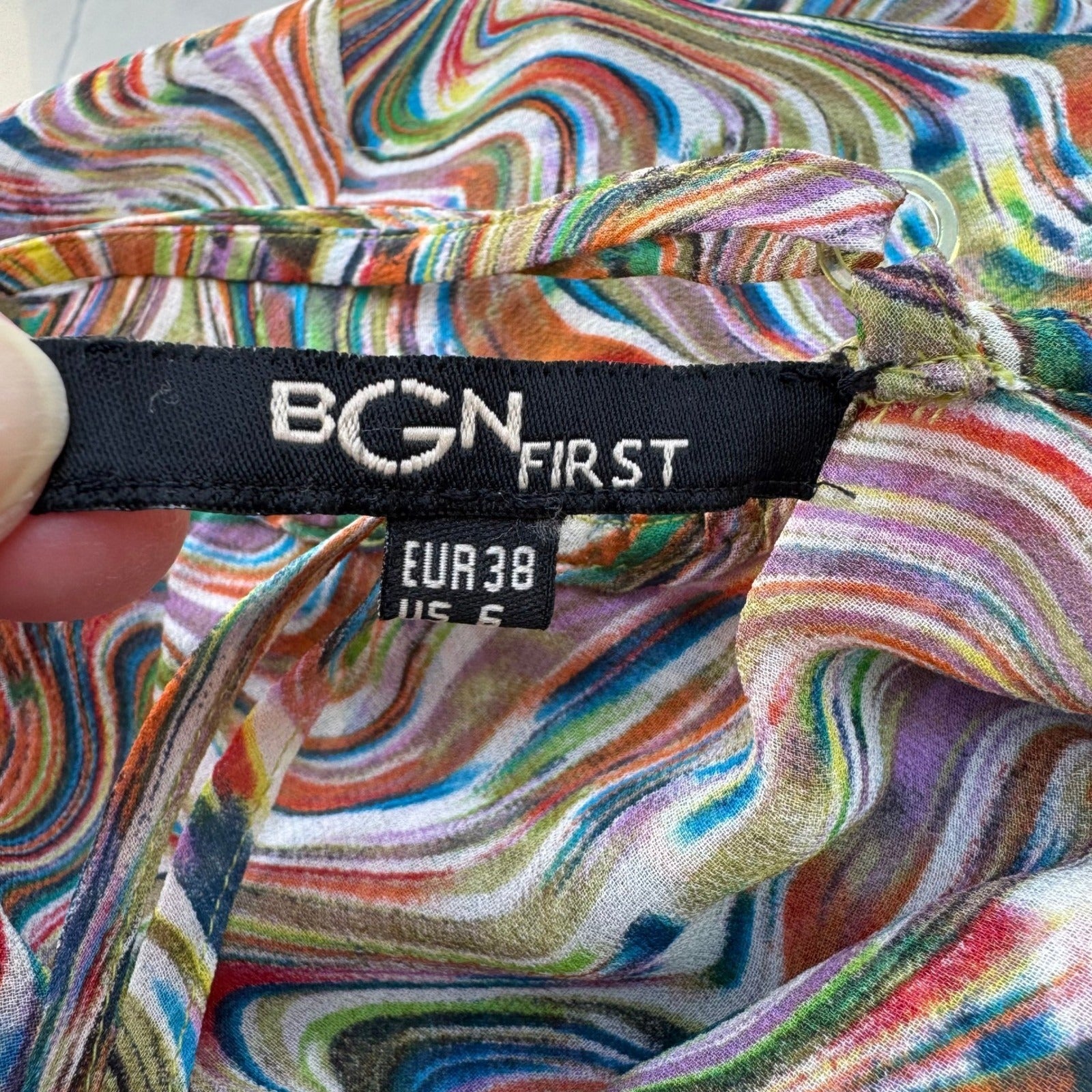 BGN First Y2K Silk Psychedelic Swirl Fairycore Asymmetrical Midi Dress Rainbow 6