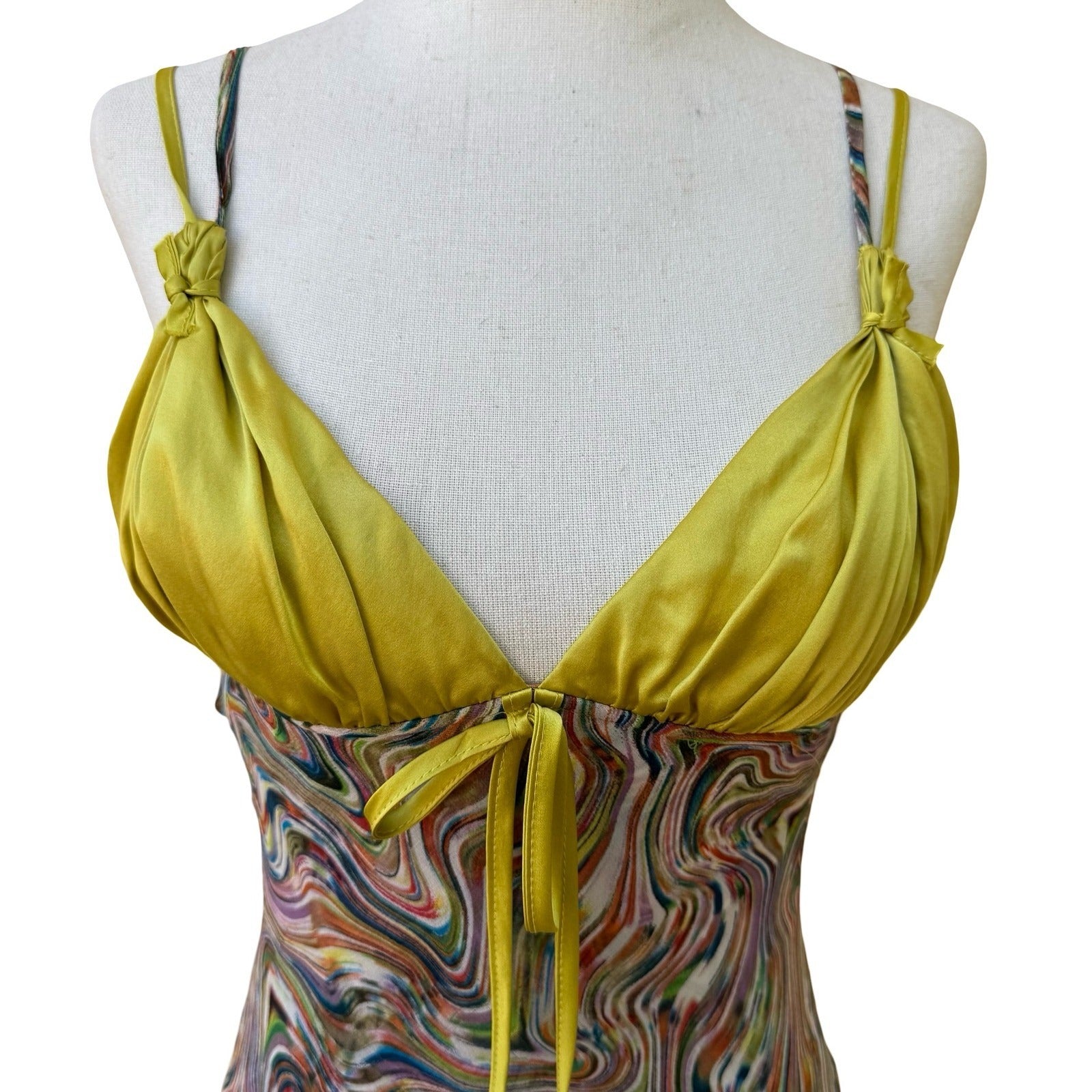 BGN First Y2K Silk Psychedelic Swirl Fairycore Asymmetrical Midi Dress Rainbow 6