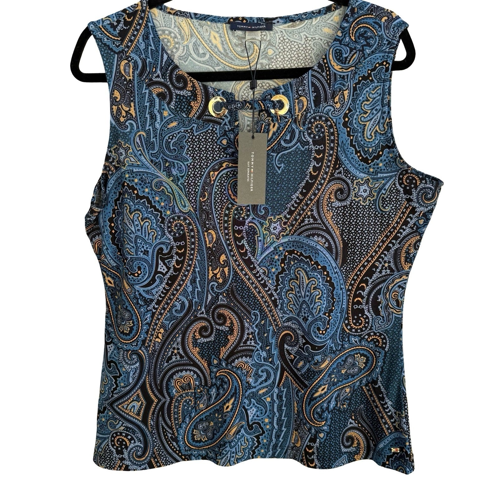 Tommy Hilfiger Boho Paisley Sleeveless Shell Top Gold Grommet Keyhole Blue L NEW