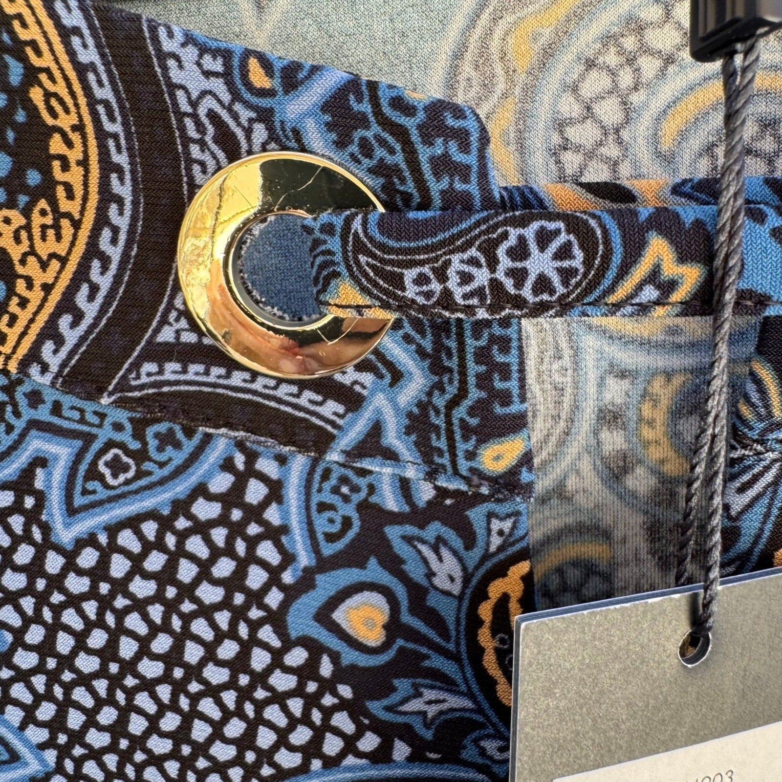 Tommy Hilfiger Boho Paisley Sleeveless Shell Top Gold Grommet Keyhole Blue L NEW