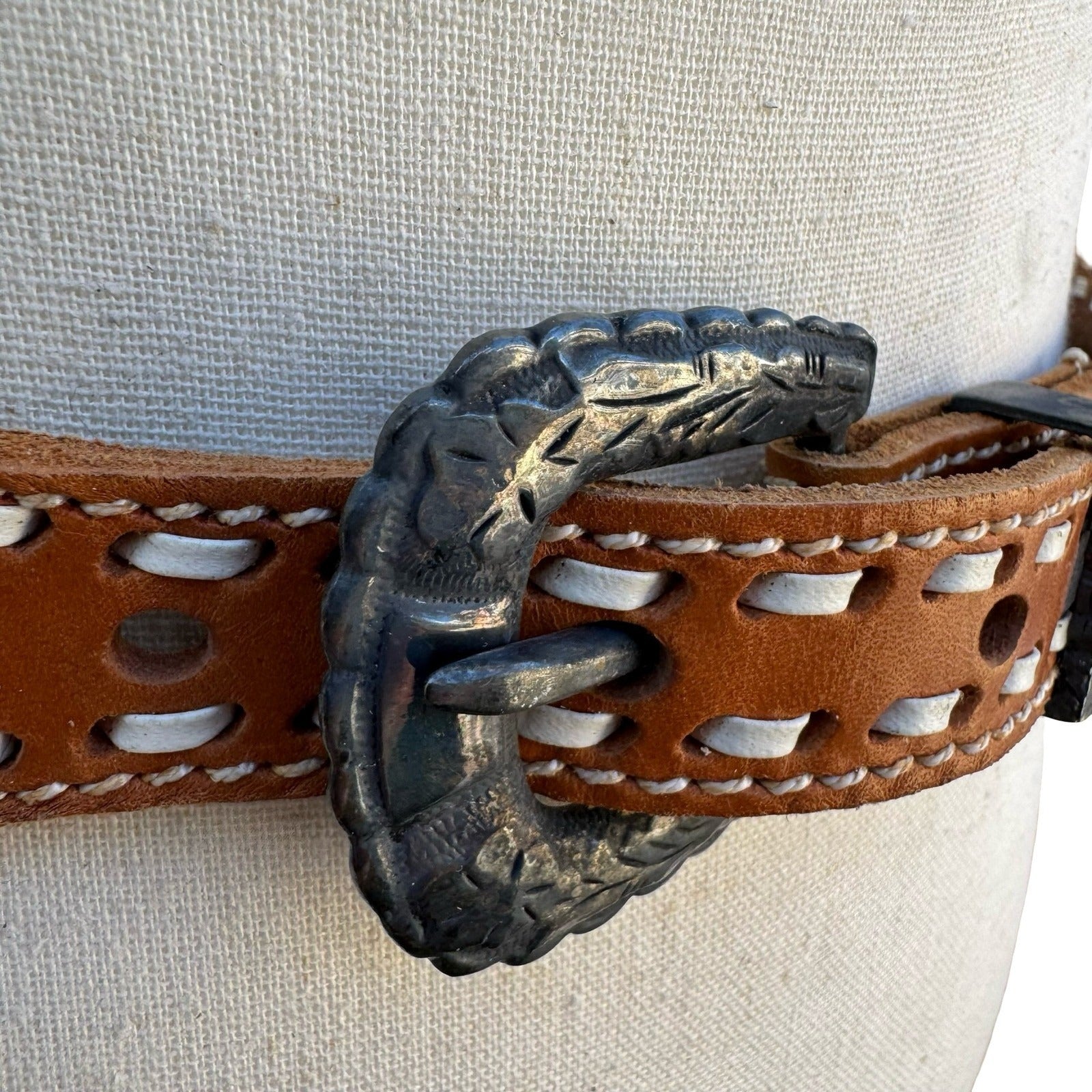Gilles Herve Paris Tan Leather Whipstitch Western Belt Made in France Size 80