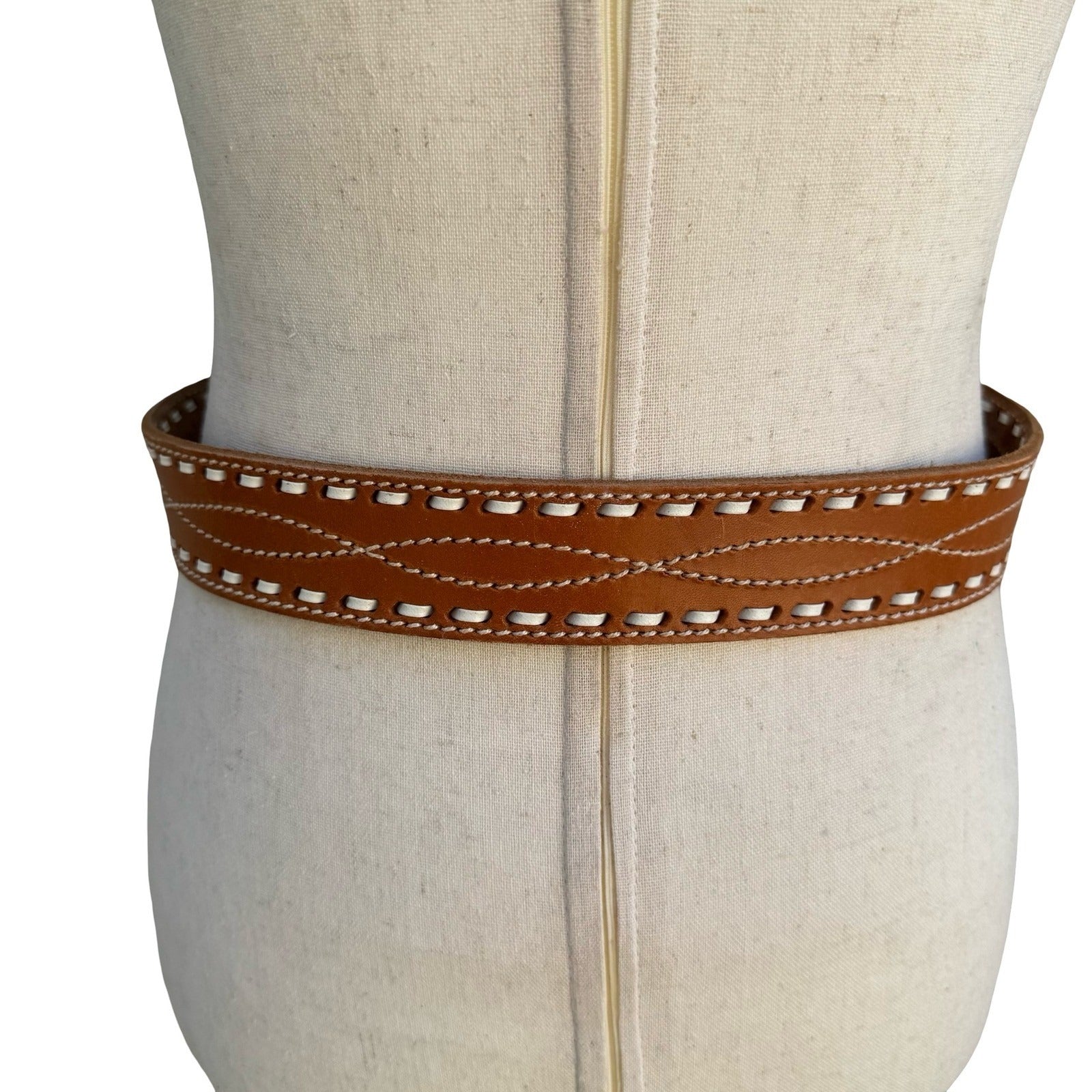 Gilles Herve Paris Tan Leather Whipstitch Western Belt Made in France Size 80