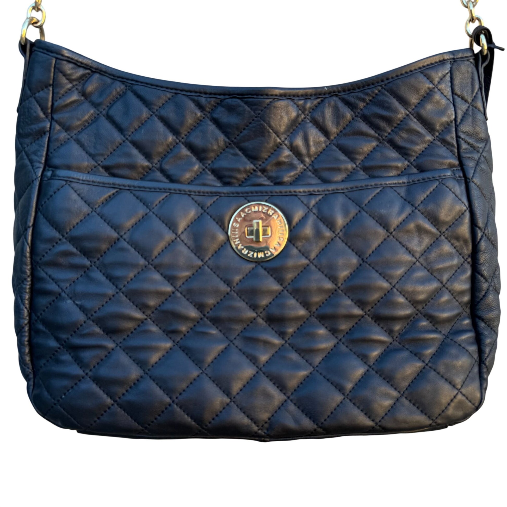 Isaac Mizrahi Quilted Black Leather Shoulder Bag Gold Chain Strap Logo Turn Lock