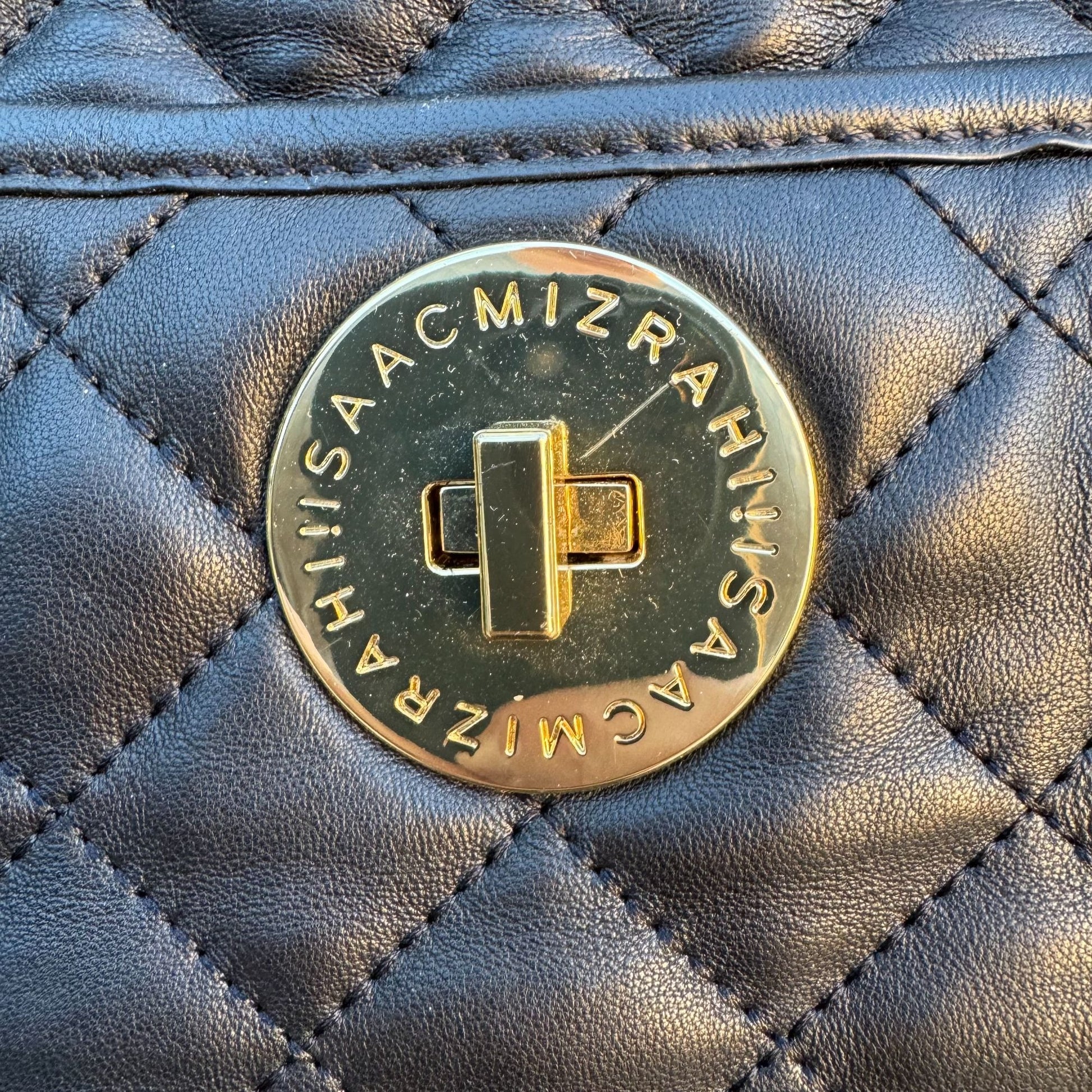 Isaac Mizrahi Quilted Black Leather Shoulder Bag Gold Chain Strap Logo Turn Lock