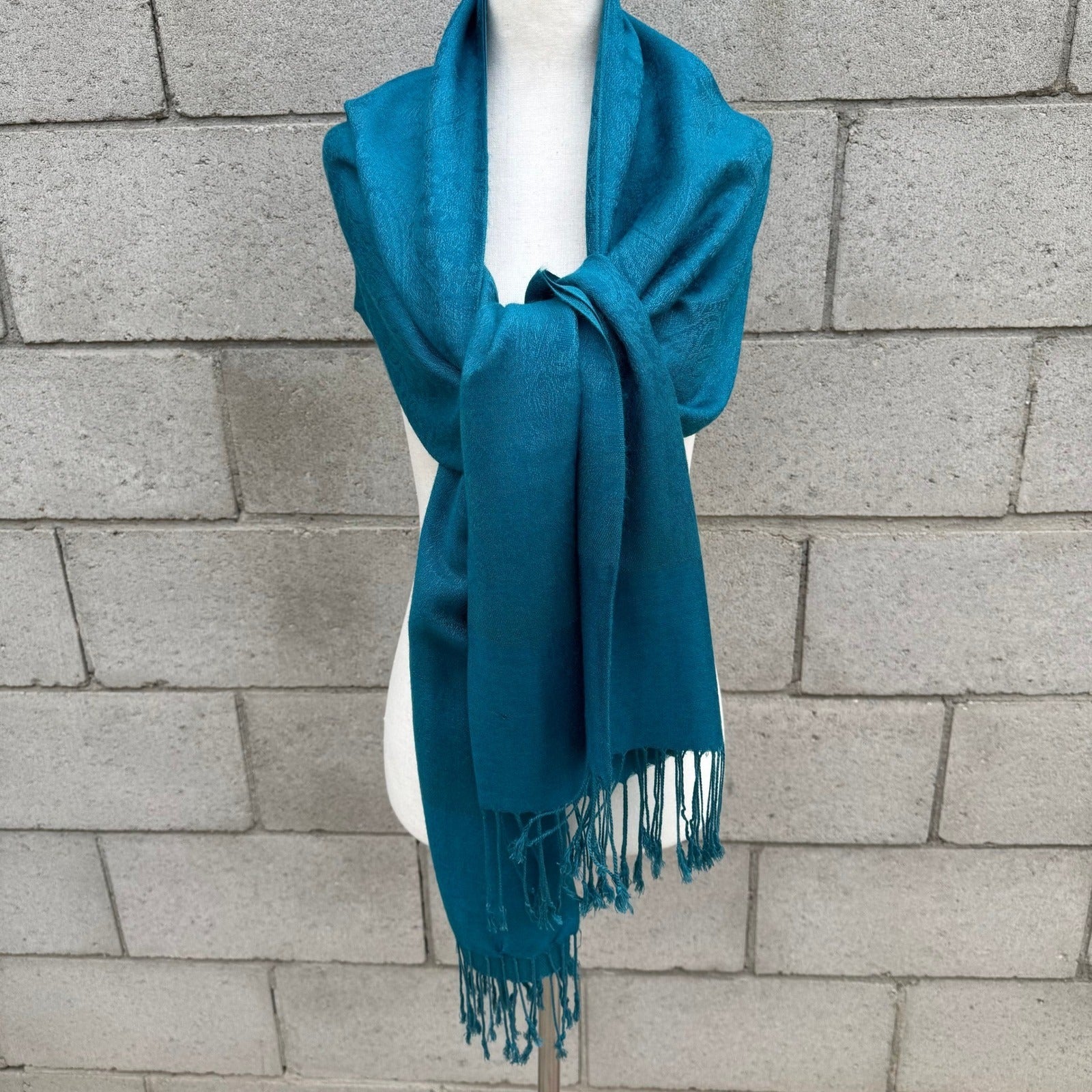 Pashmina Teal Blue Paisley Damask Fringe Wrap Shawl Scarf 100% Pashmina