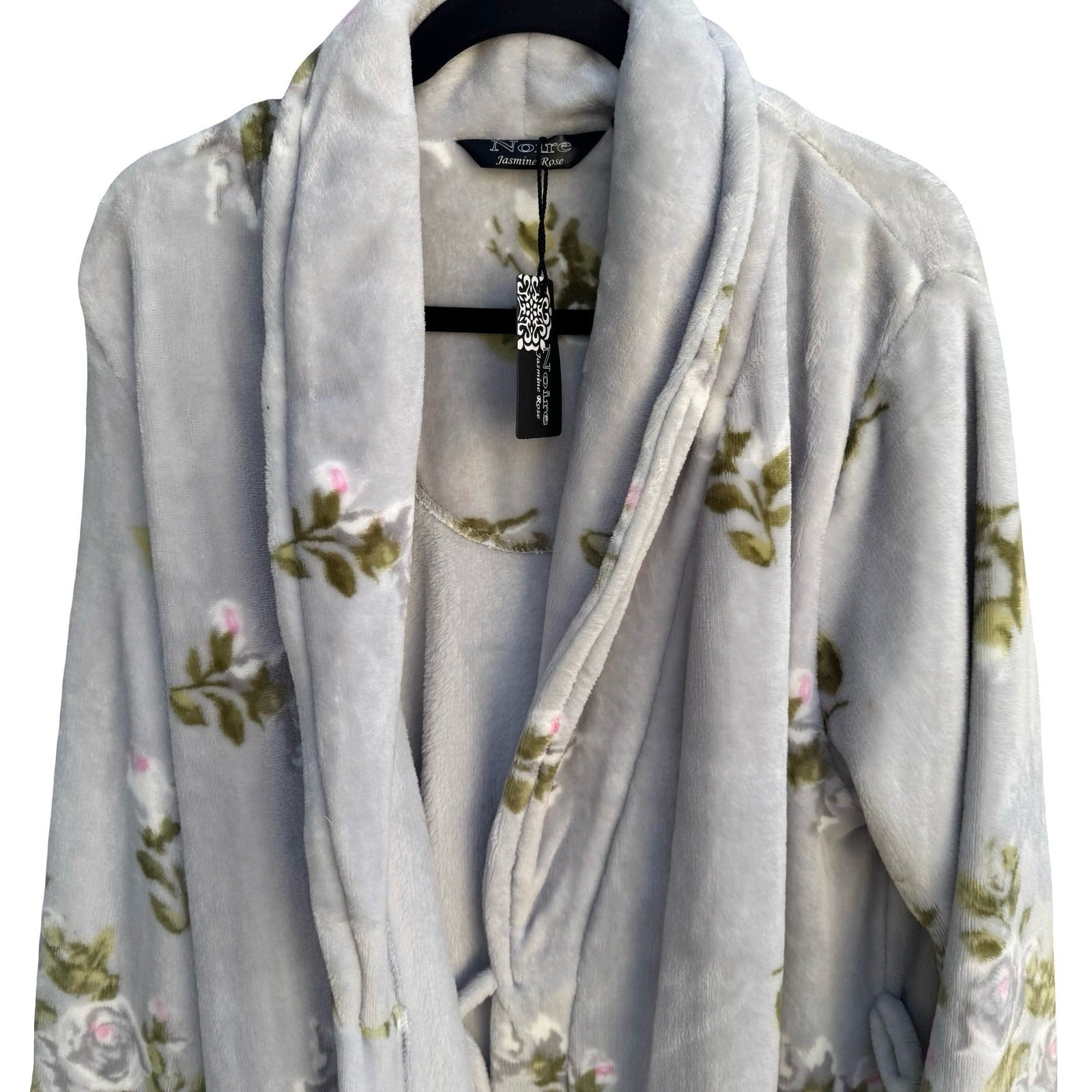 Noire Jasmine Rose Grey Floral Plush Fleece Robe Shawl Collar Large NEW NO BELT