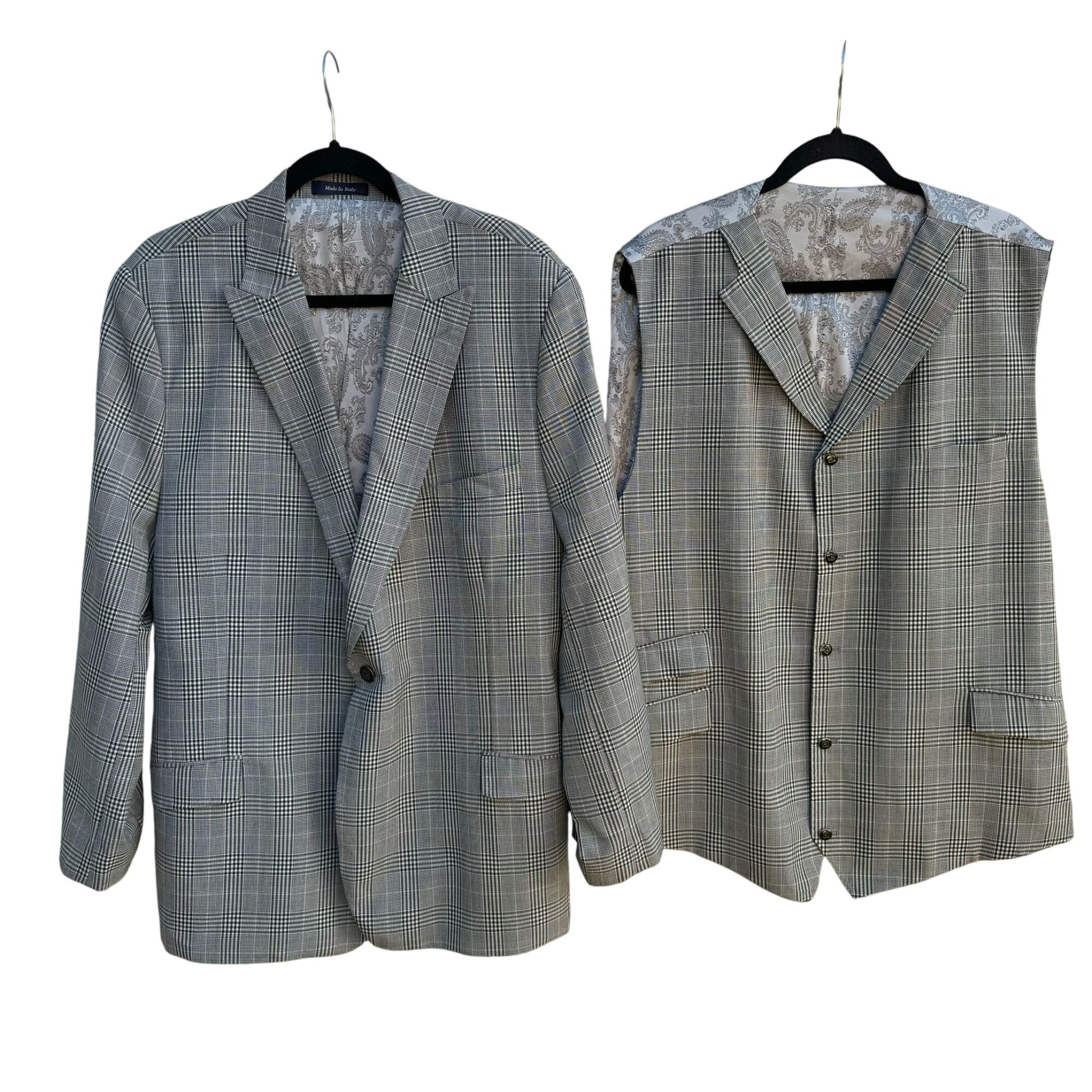 Sergio Valentino Mens Gray Wool Checkered Single Breasted Blazer Vest Set 44L