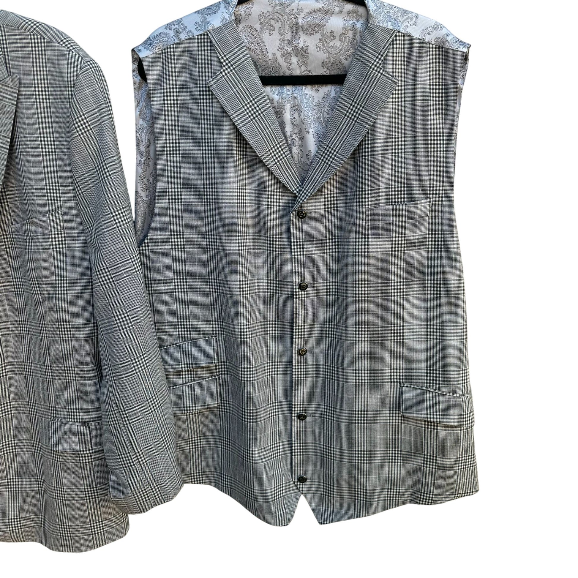 Sergio Valentino Mens Gray Wool Checkered Single Breasted Blazer Vest Set 44L